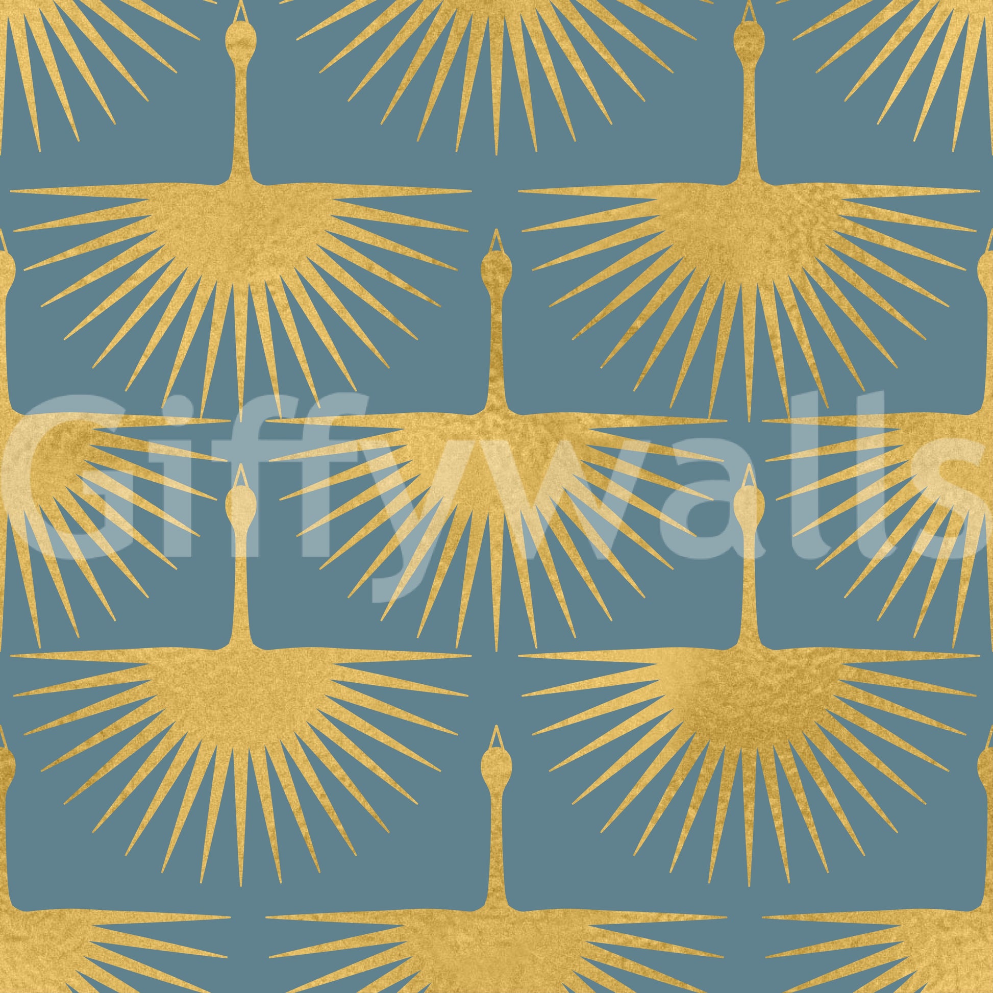 Blue wallpaper with repeating gold crane pattern and radiating feather rays., GD10653