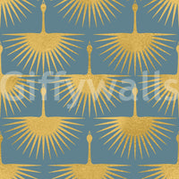 Blue wallpaper with repeating gold crane pattern and radiating feather rays., GD10653