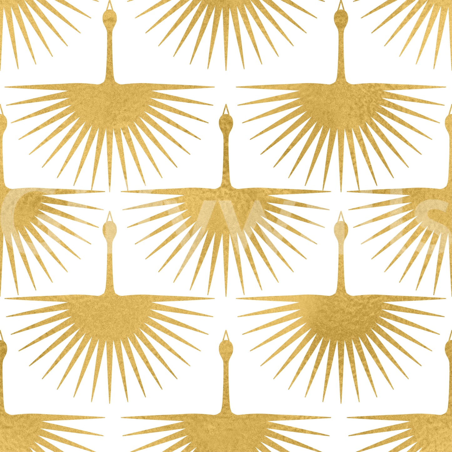 Golden sunburst crane wallpaper with stylised birds and spread wings., GD10654
