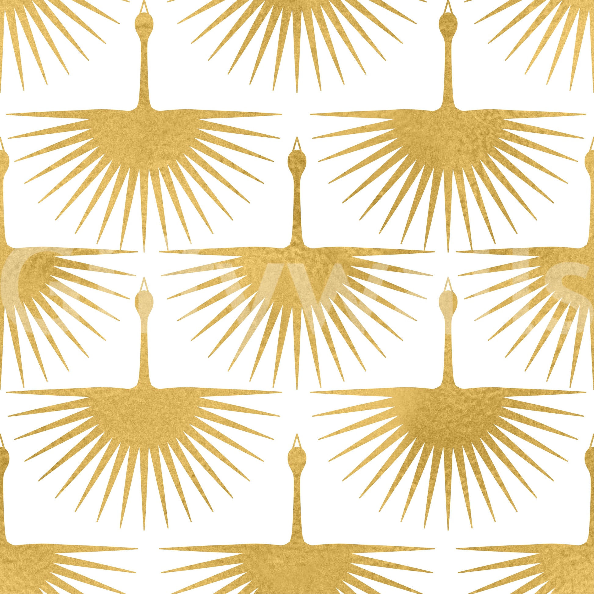 Golden sunburst crane wallpaper with stylised birds and spread wings., GD10654