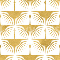 Golden sunburst crane wallpaper with stylised birds and spread wings., GD10654
