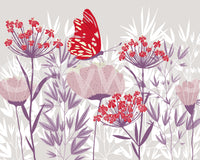 Crimson Butterfly and Mauve Garden Wallpaper Wall Mural