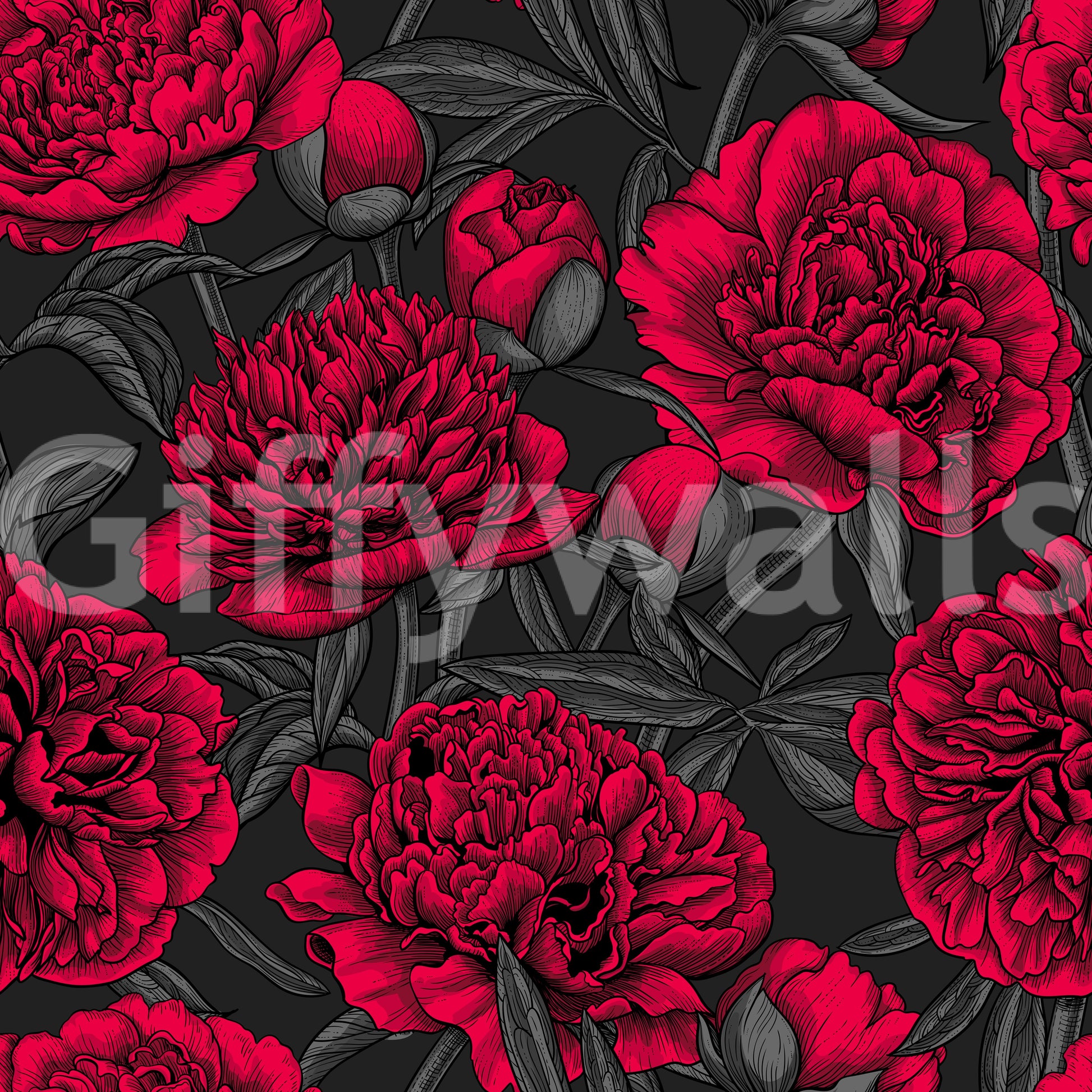 Midnight Crimson Peony Dark Floral Wallpaper Wallpaper⁠