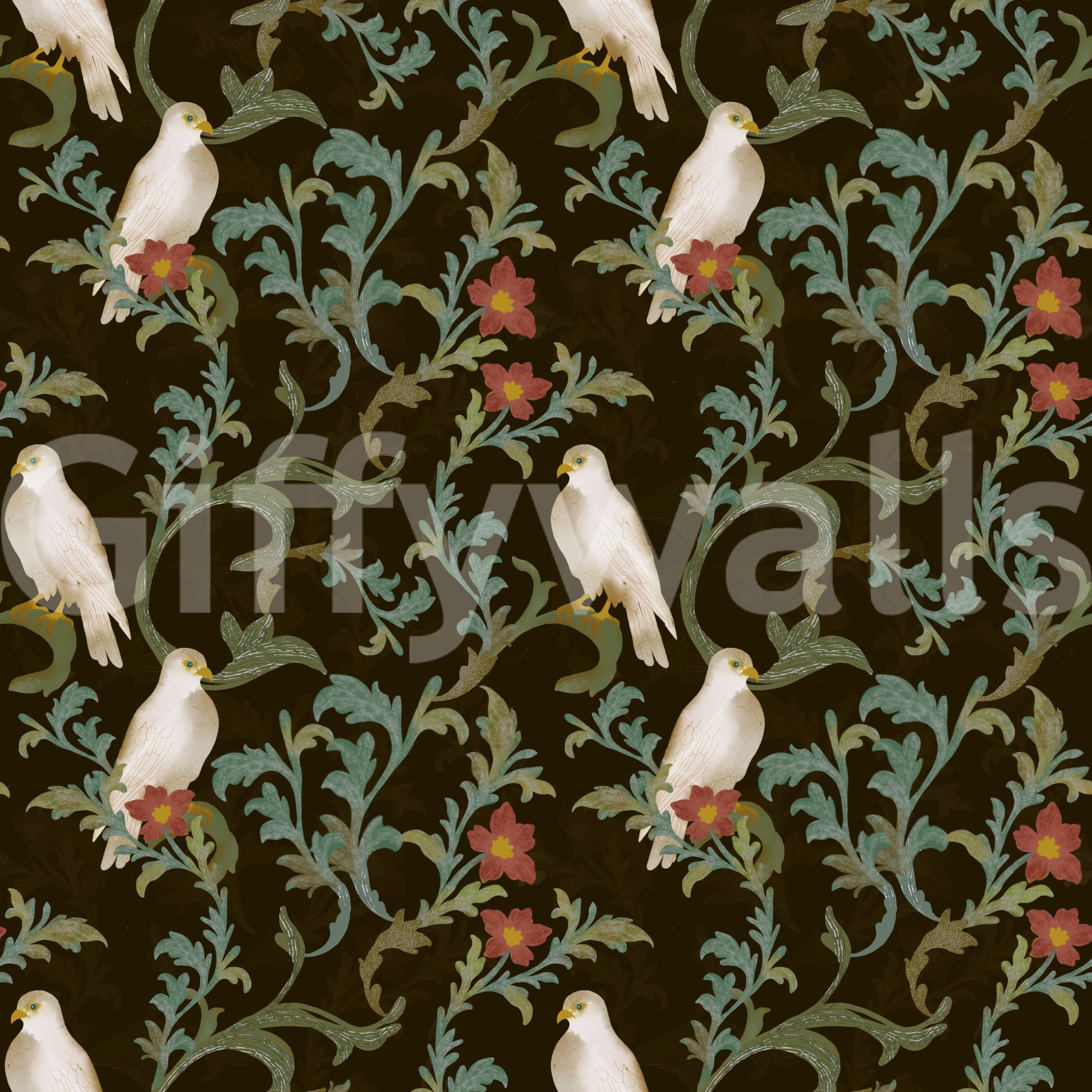 Midnight Forest Birds and Floral Scroll Wallpaper