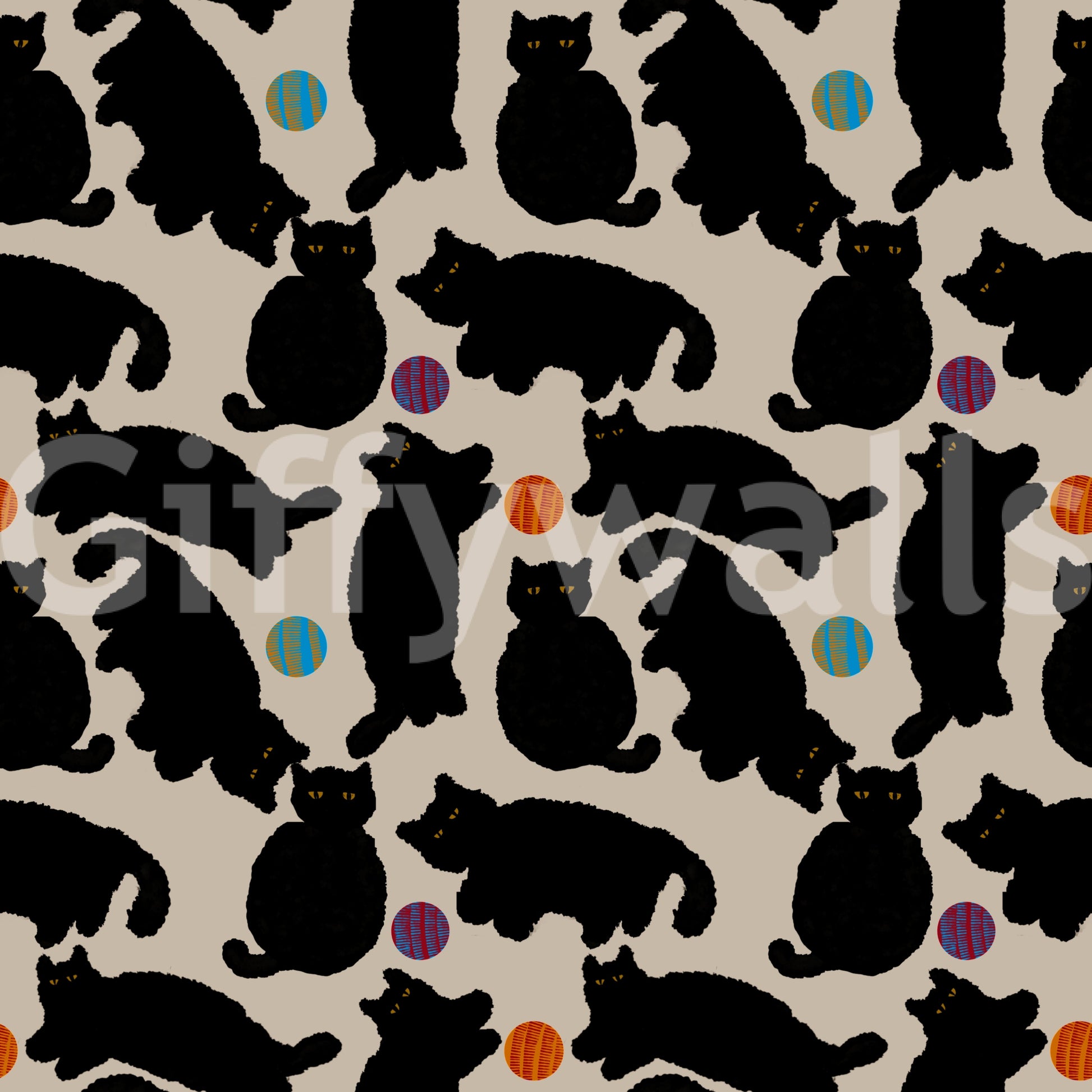 Playful Black Cats and Yarn Balls Wallpaper