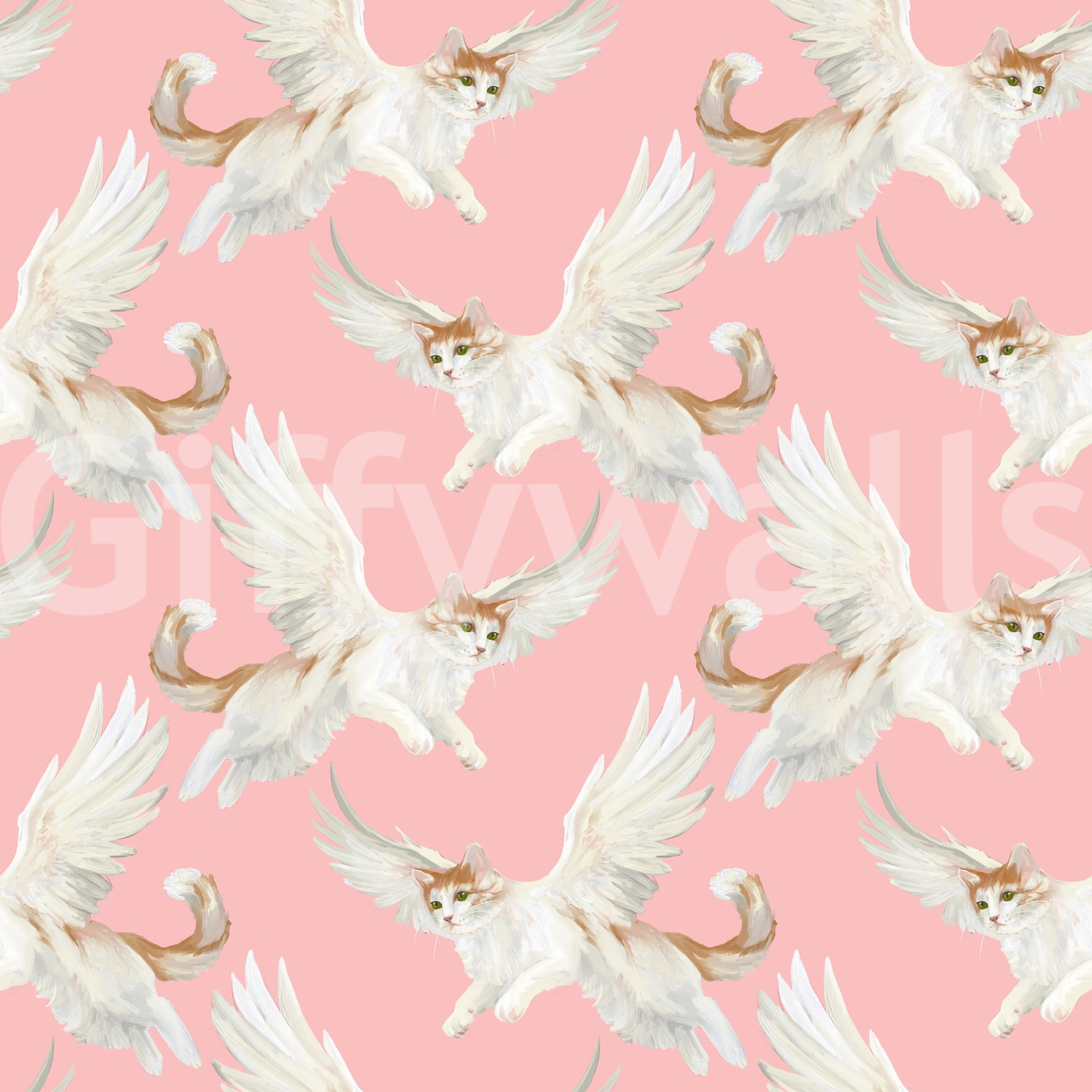 Celestial Flying Felines Pink Wallpaper