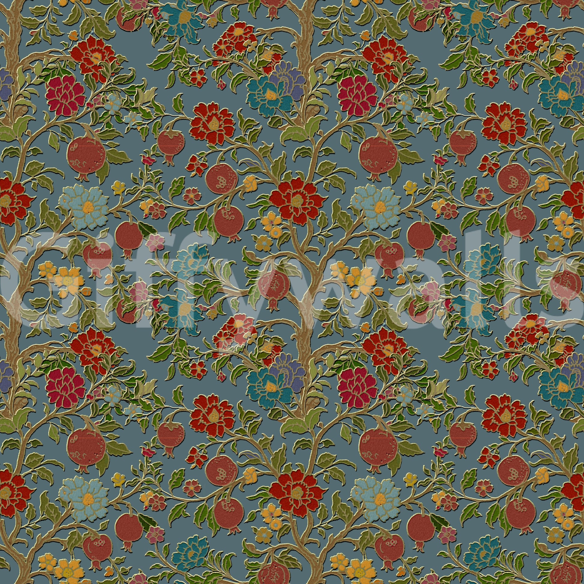 Classic Botanical Pomegranate Teal Wallpaper