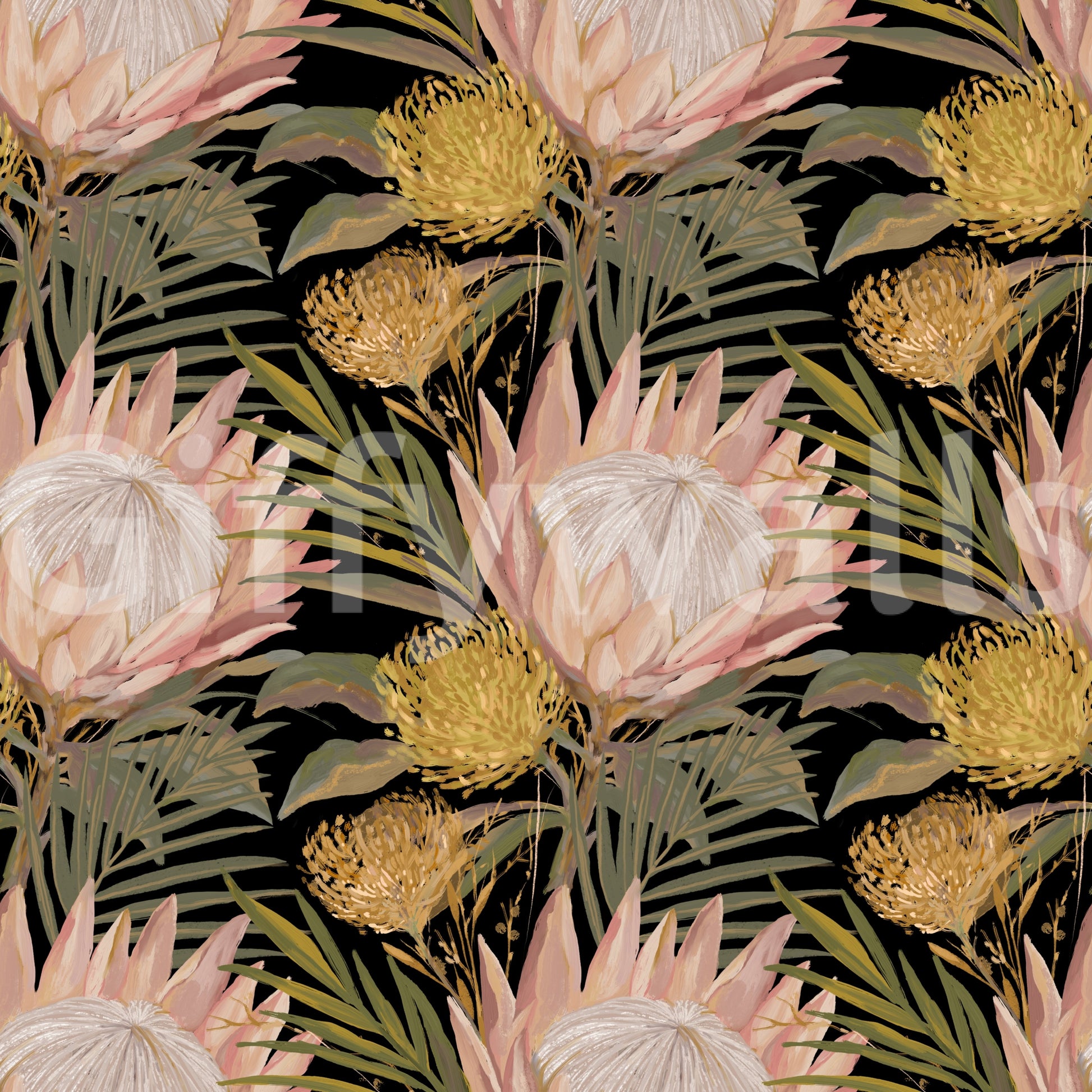 Midnight Protea and Golden Palm Wallpaper