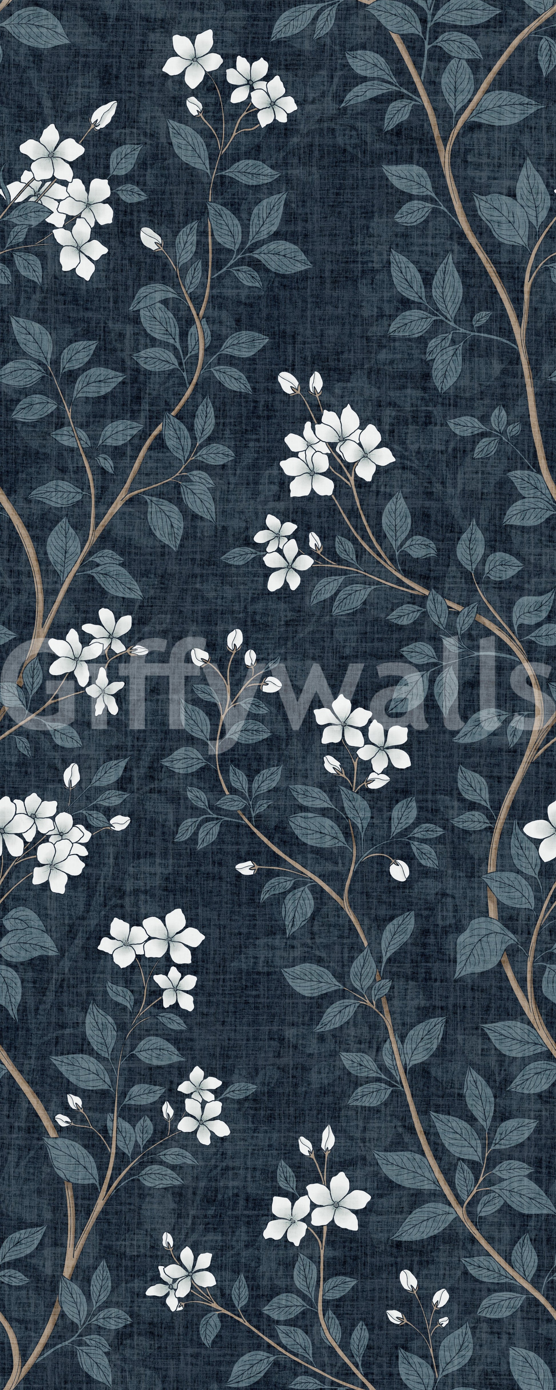 Elegant White Blooms on Indigo Linen Wallpaper⁠
