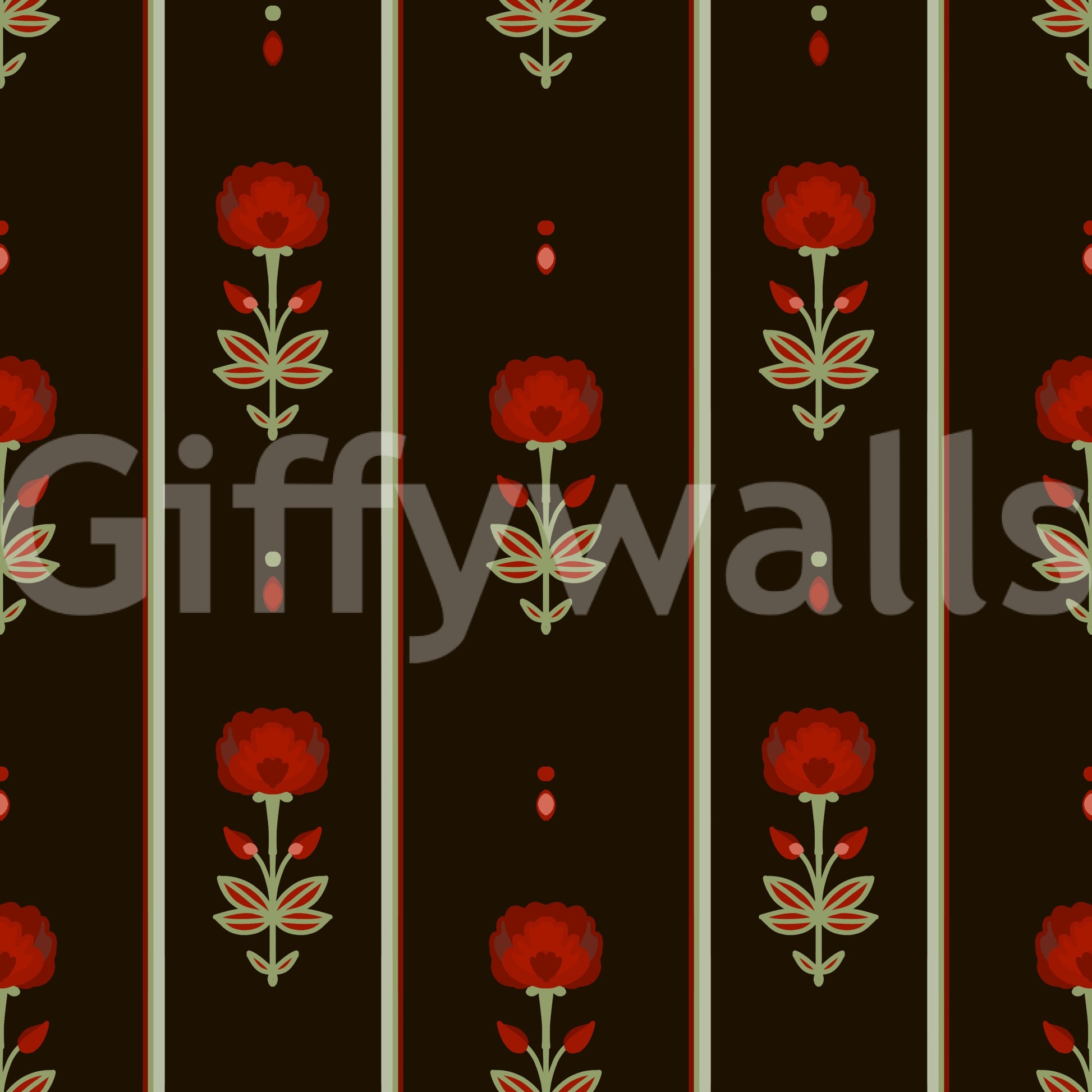 Crimson Folk Art Floral Stripe Wallpaper Wallpaper⁠