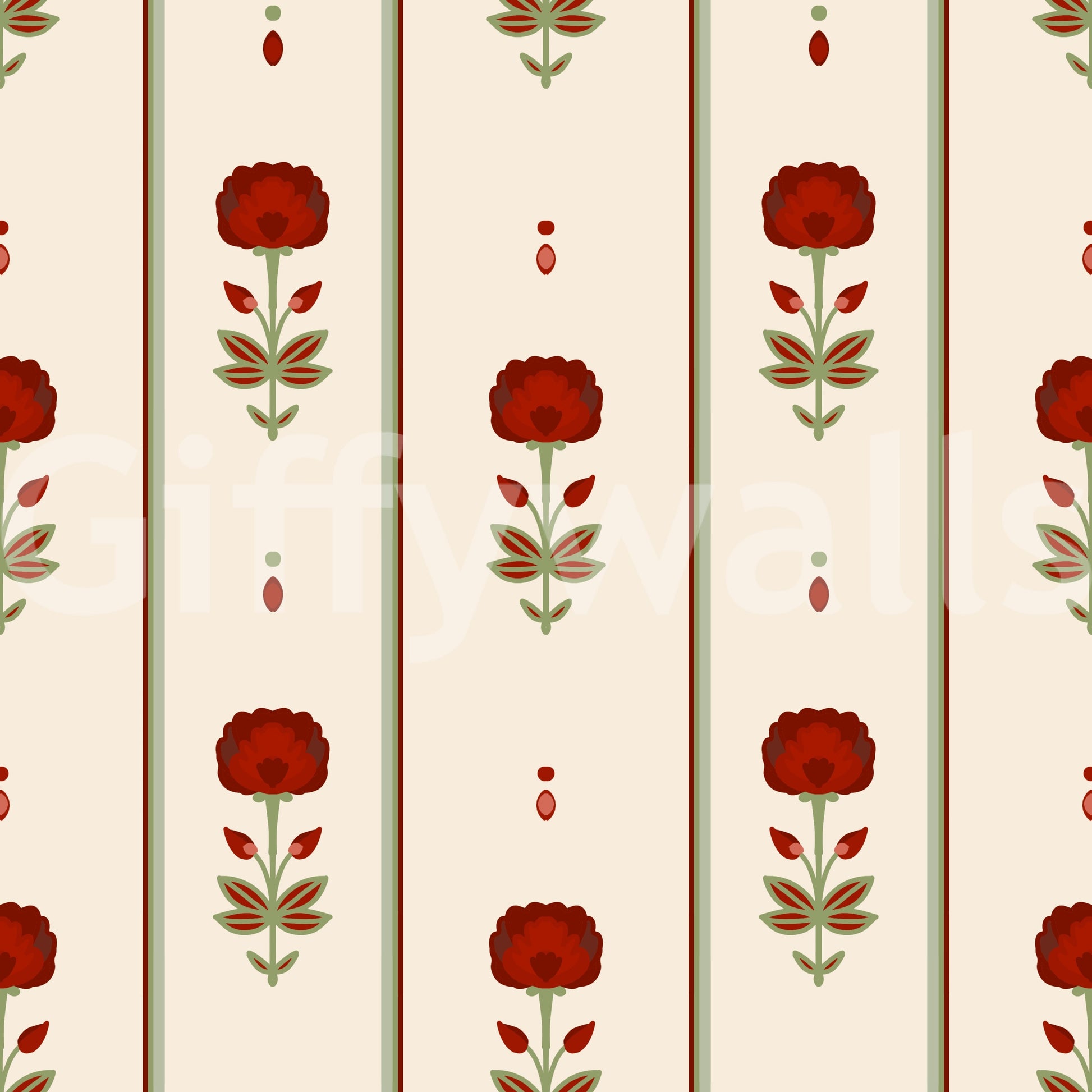 Vintage Heritage Red Floral Stripe Wallpaper Wallpaper⁠