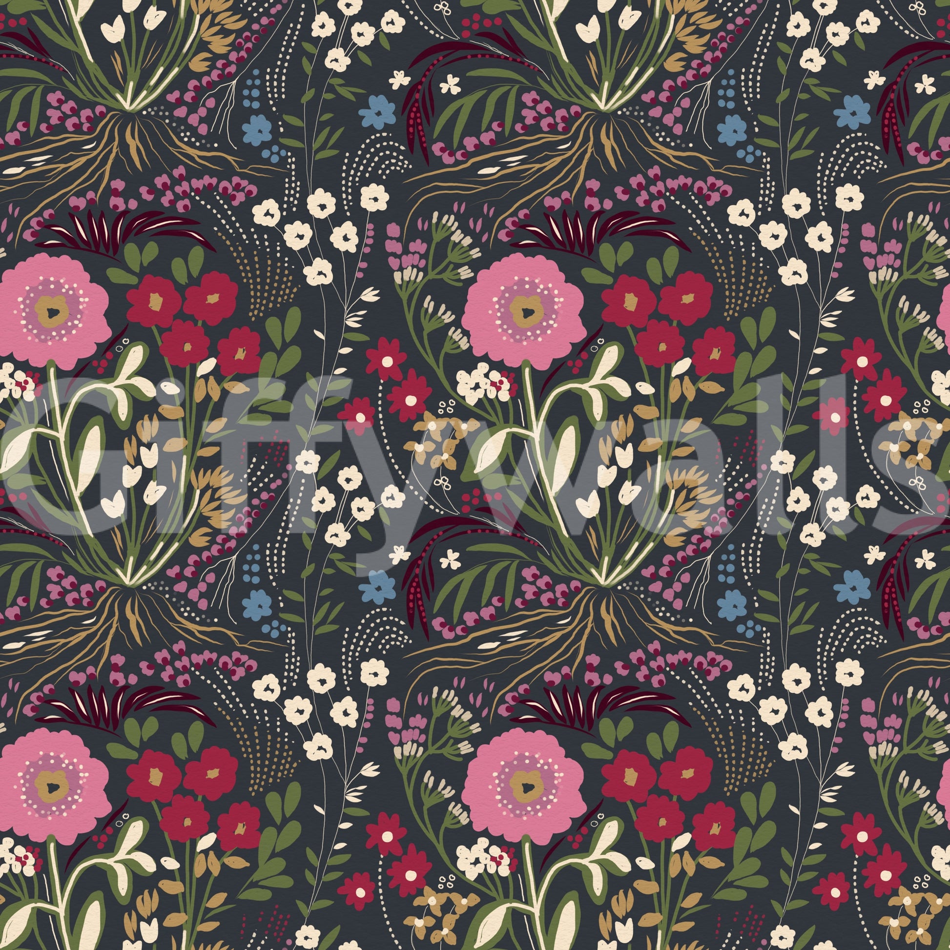 Enchanted Midnight Folk Floral Wallpaper Wallpaper⁠