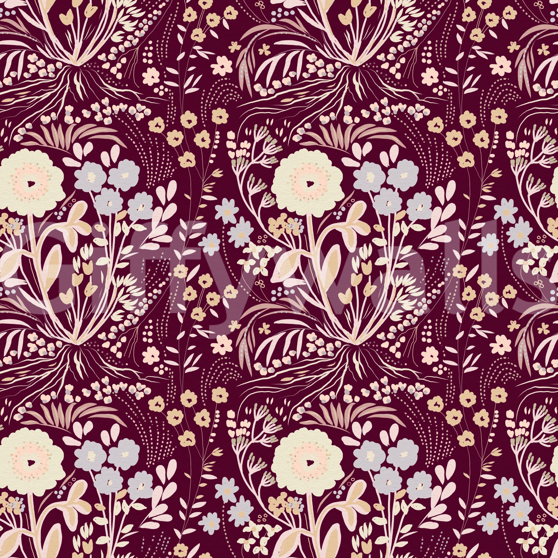 Midnight Wildflower Meadow on Red Wallpaper⁠