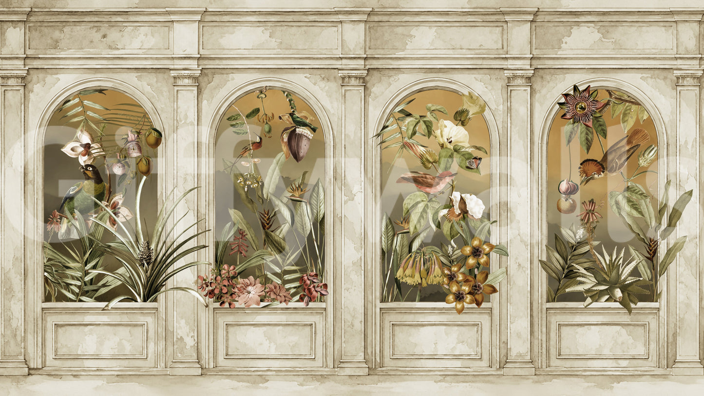 Classical Colonnade and Exotic Botanical Garden Wallpaper Wall Mural