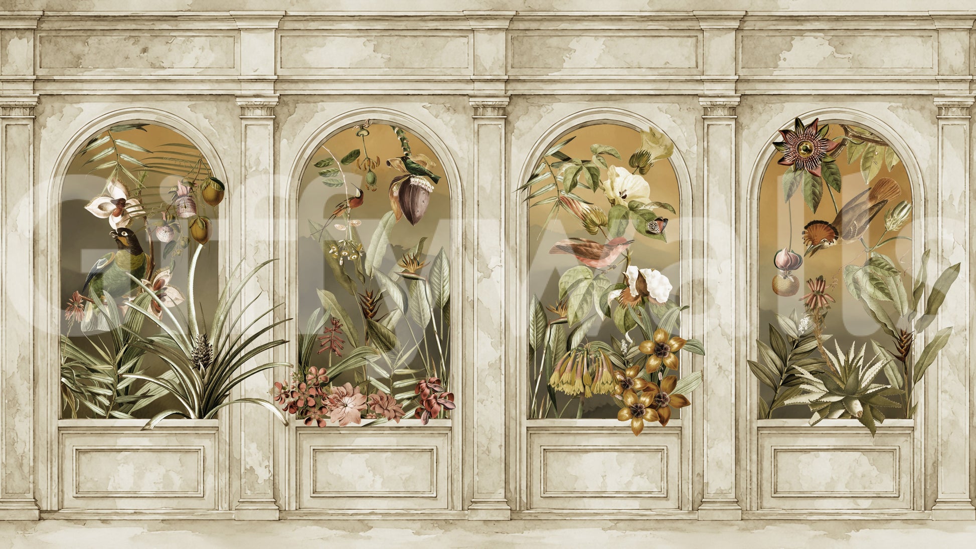 Classical Colonnade and Exotic Botanical Garden Wallpaper Wall Mural