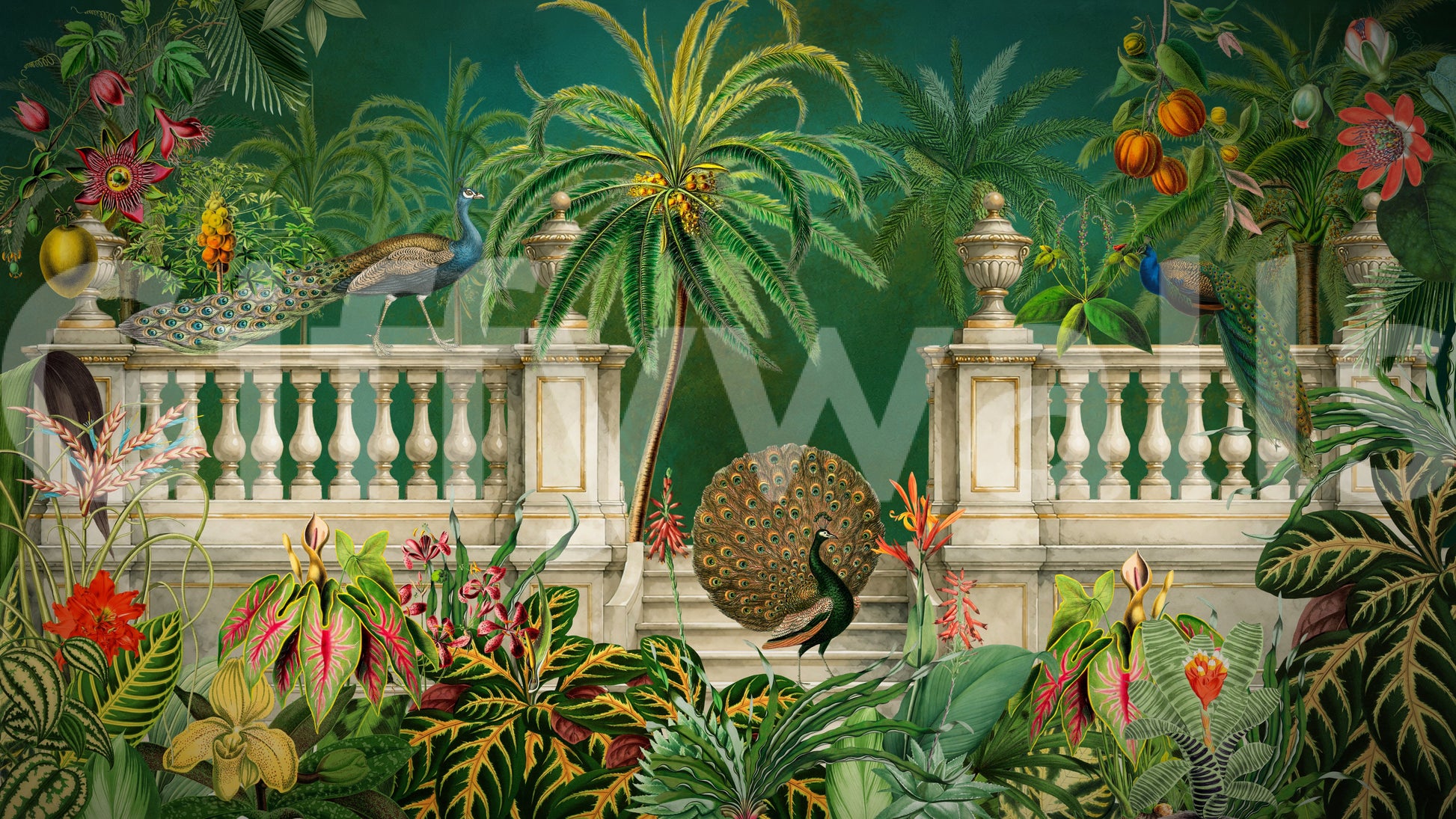 Majestic Peacock and Tropical Balustrade Wall Mural Wall Mural