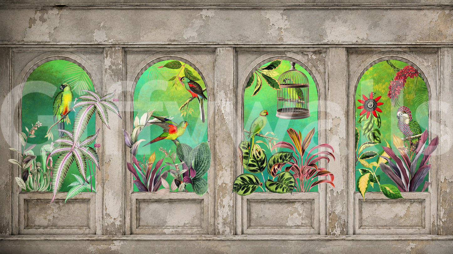 Vintage Archways Tropical Birds Wall Mural Wall Mural