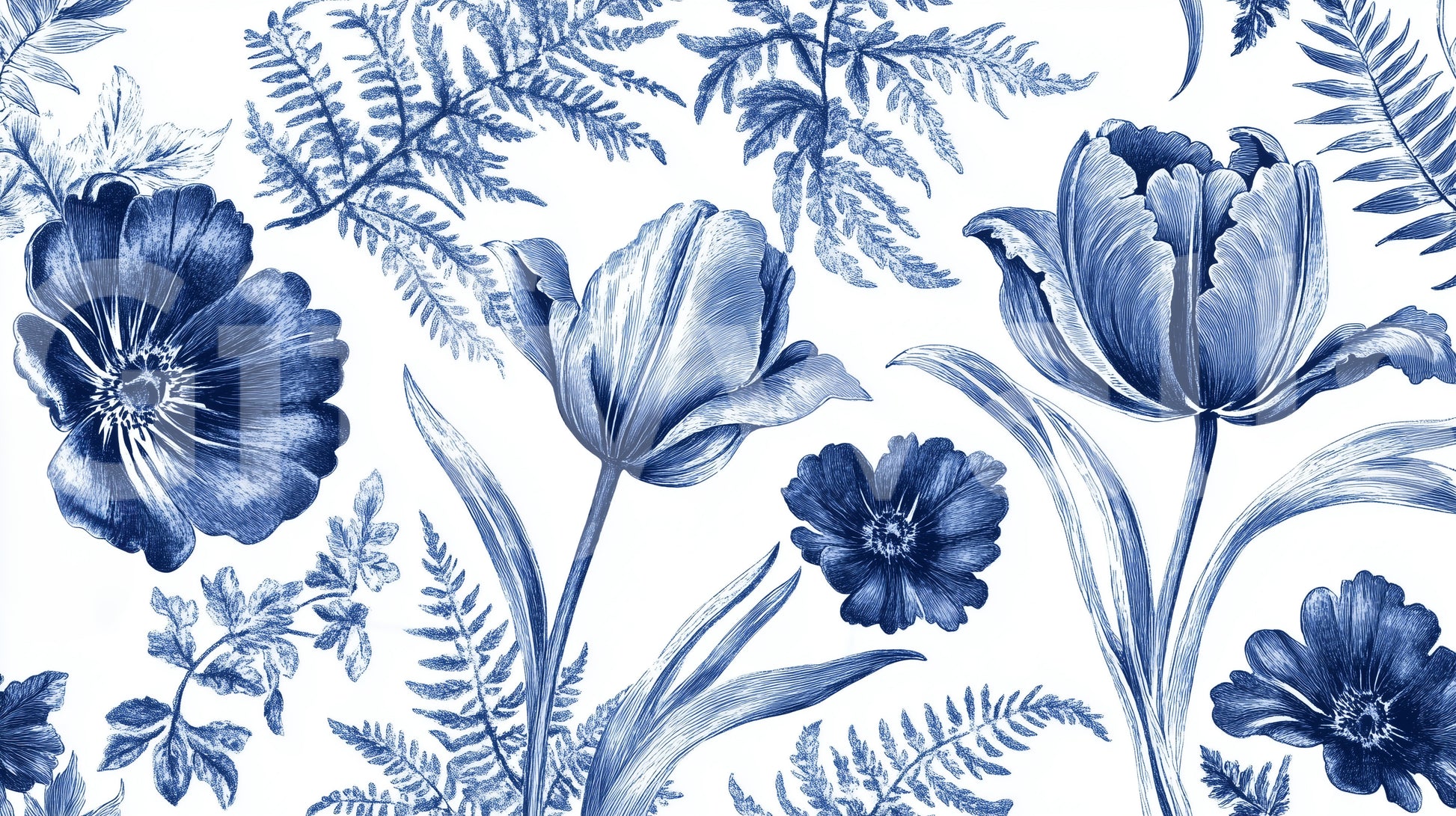 Vintage Indigo Tulip and Fern Botanical Wall Mural