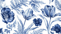 Vintage Indigo Tulip and Fern Botanical Wall Mural