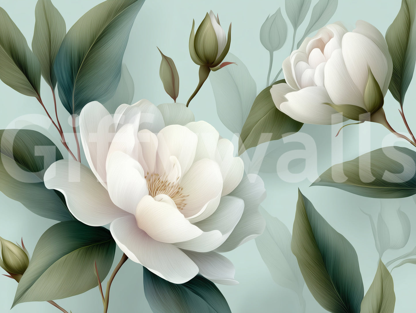 Serene Sage White Peonies Floral Wall Mural