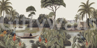 Vintage Exotic Tropical River and Cranes Wall Mural
