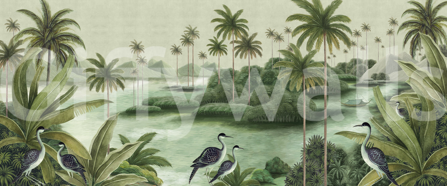 Chinoiserie Tropical Wetland Scenic Wall Mural