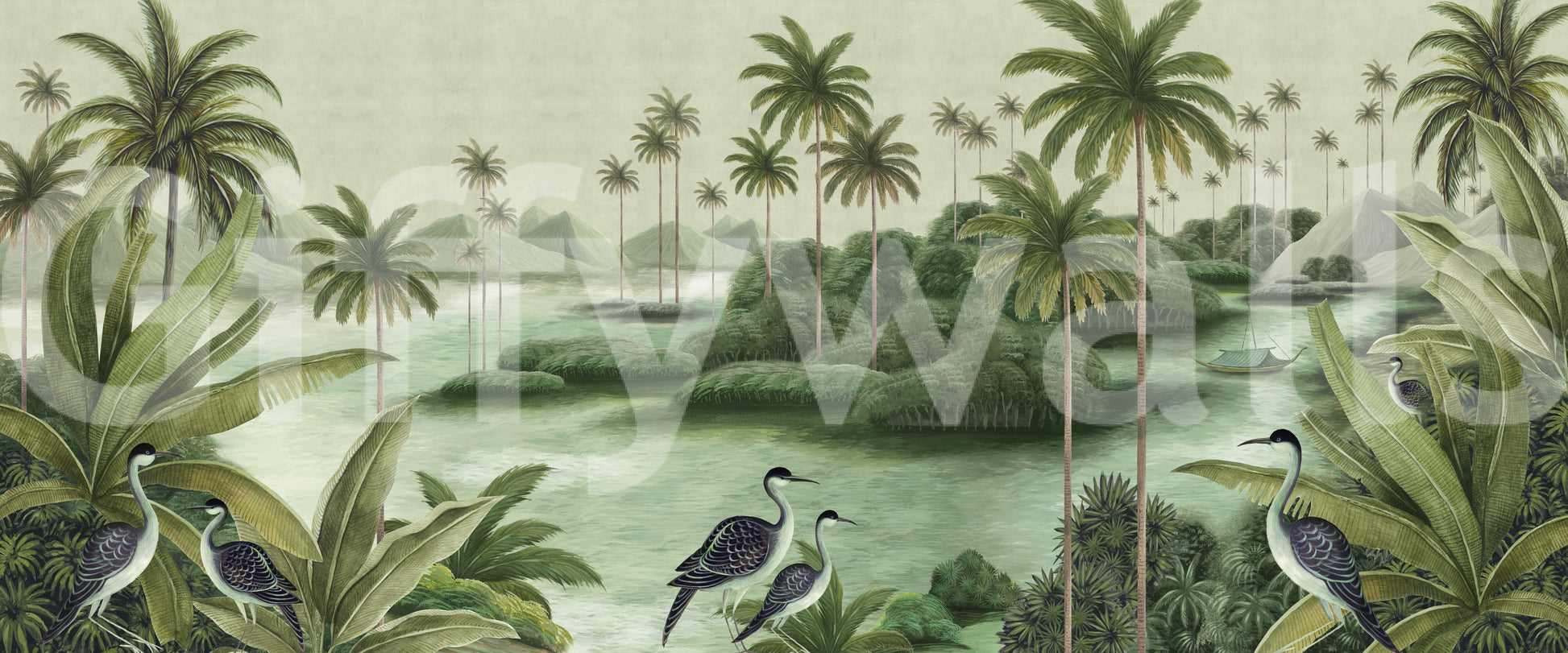 Chinoiserie Tropical Wetland Scenic Wall Mural