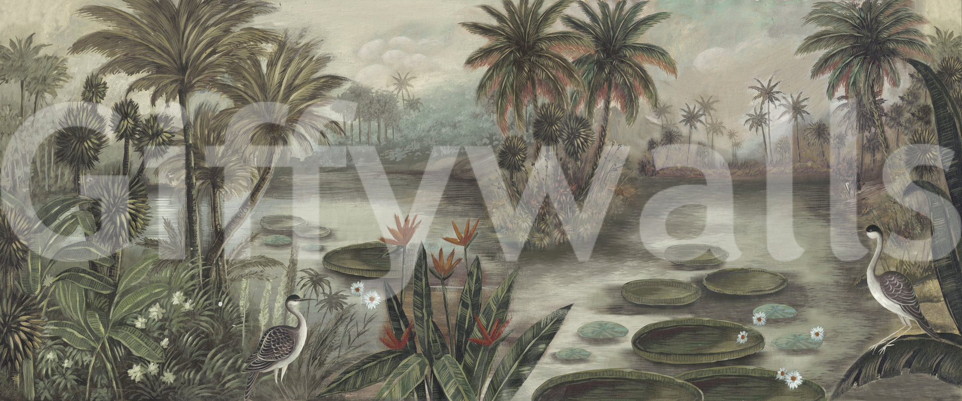 Vintage Tropical Lagoon Scenic Wall Mural