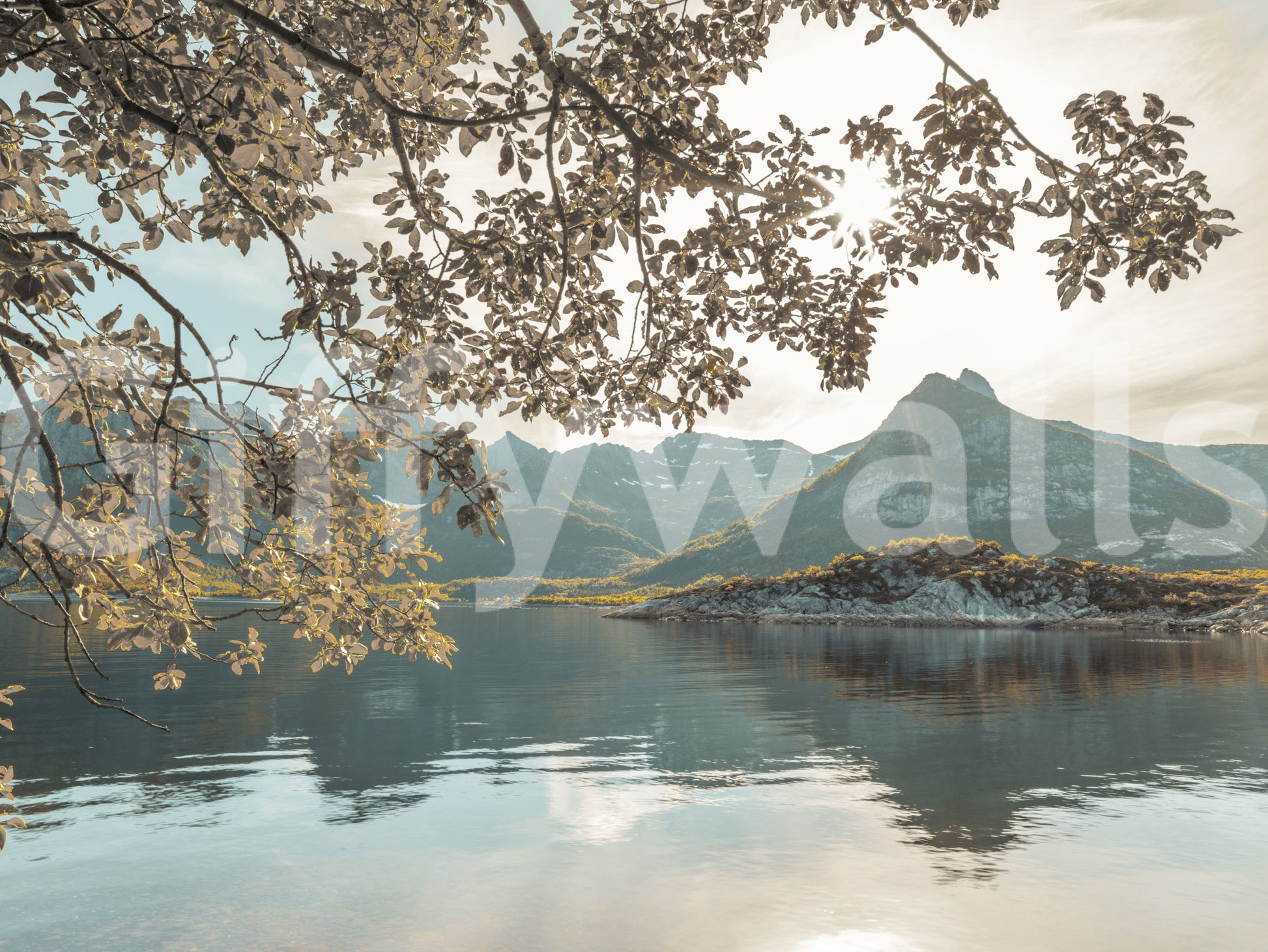 Sunlit Lake and Mountain Vista Wall Mural