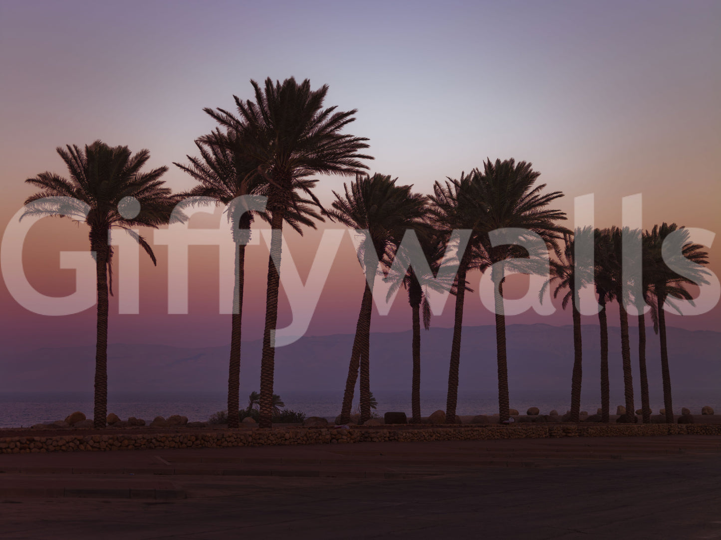 Dusk Palm Silhouettes Over Twilight Sea Wall Mural