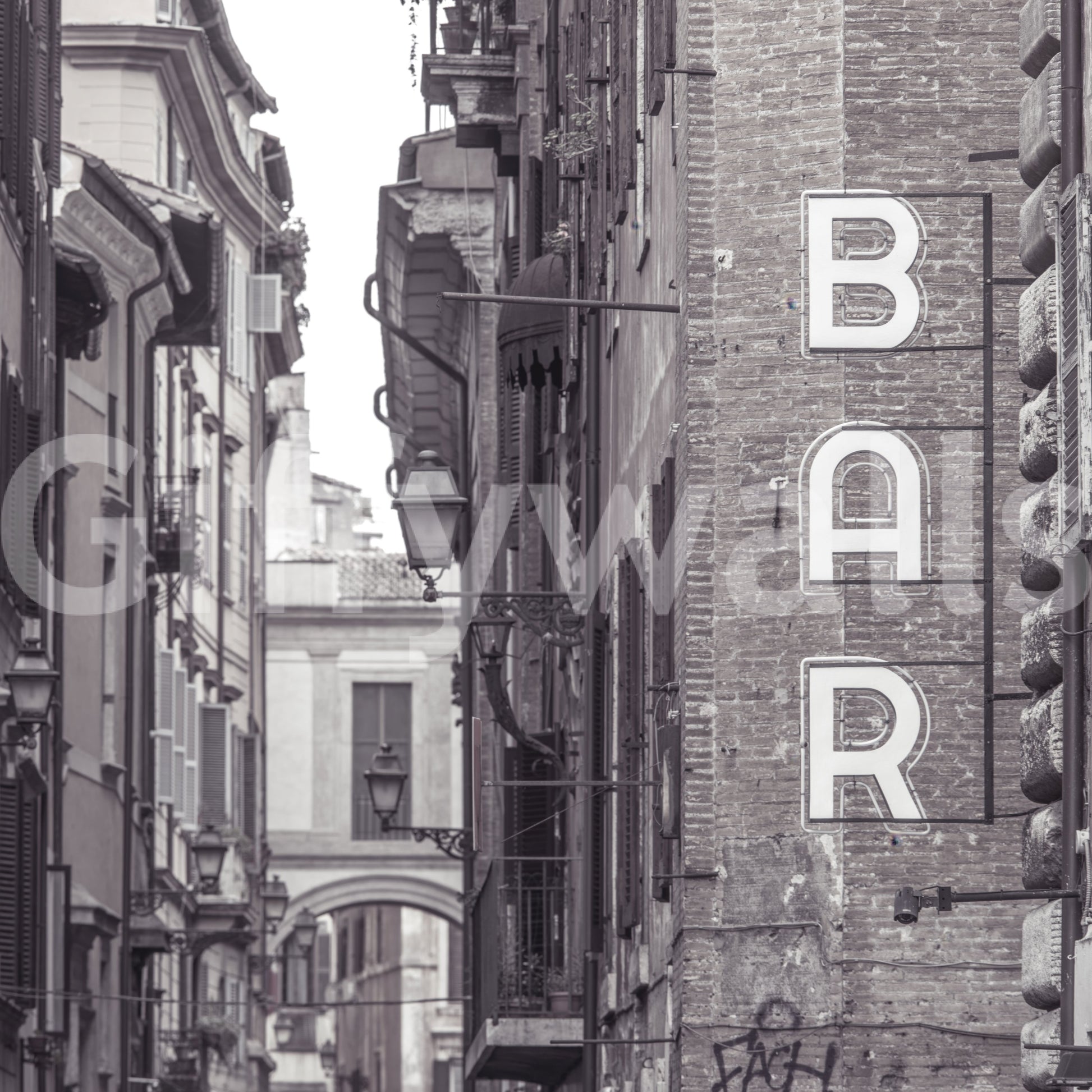 Vintage Neon Sign on Rome Shuttered Street Wall Mural