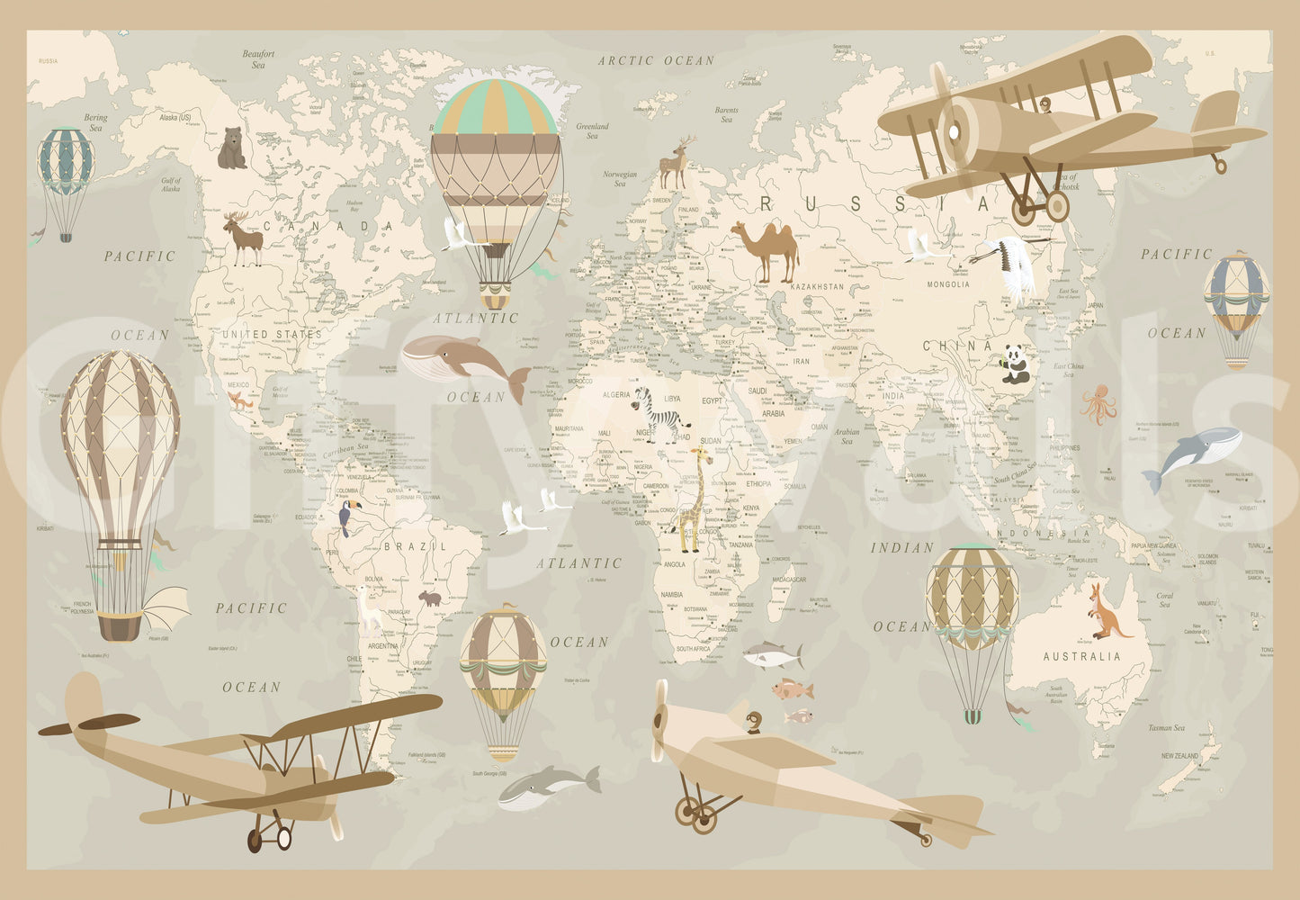 Antique Style Animal Cartography and Airships Wall Mural