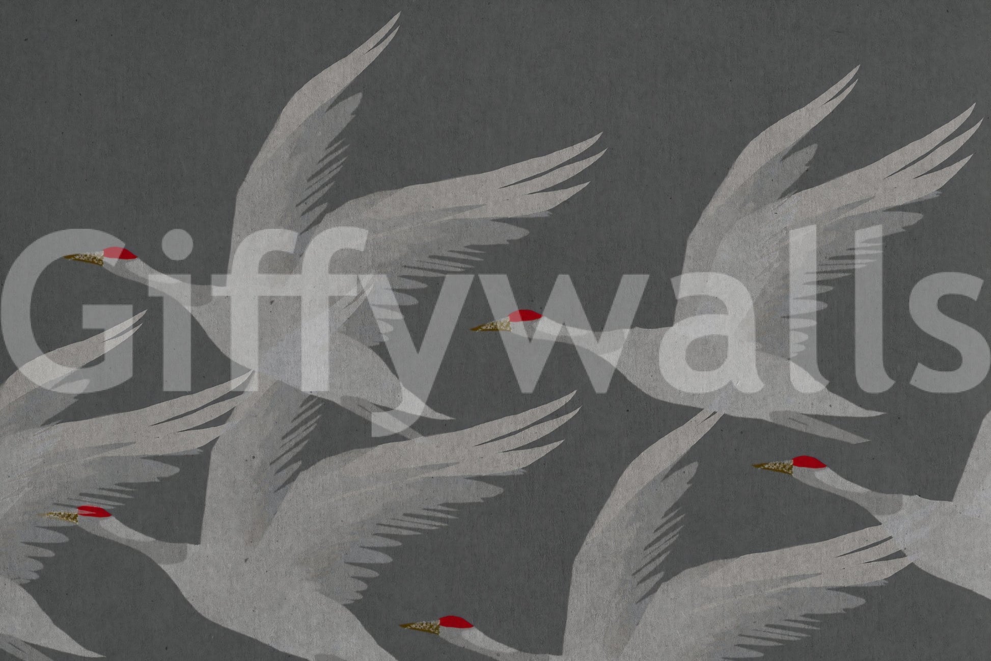 Oriental Crane Flight in Slate and Gold Wall Mural