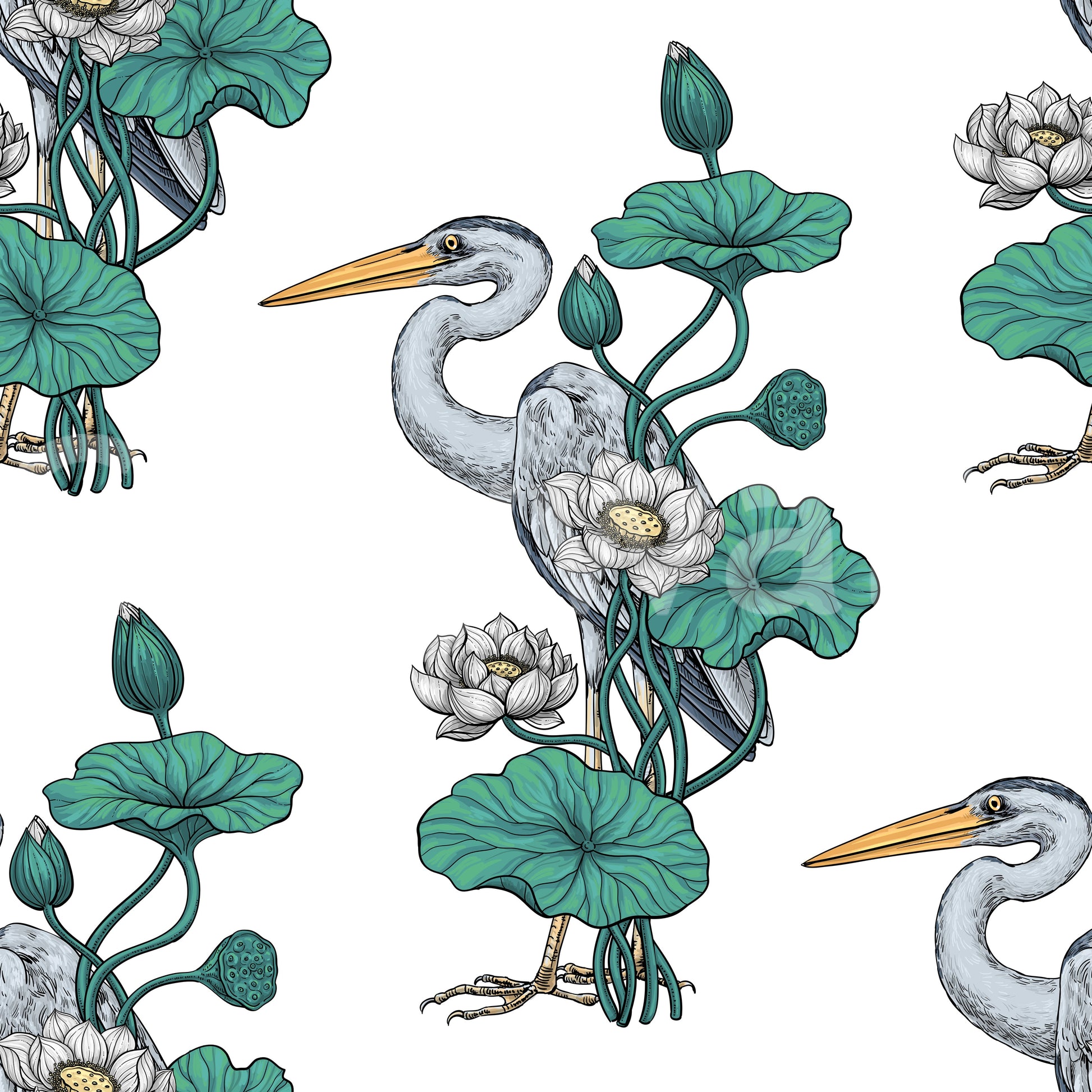 Heron in the White Lotus Garden on white Wallpaper⁠