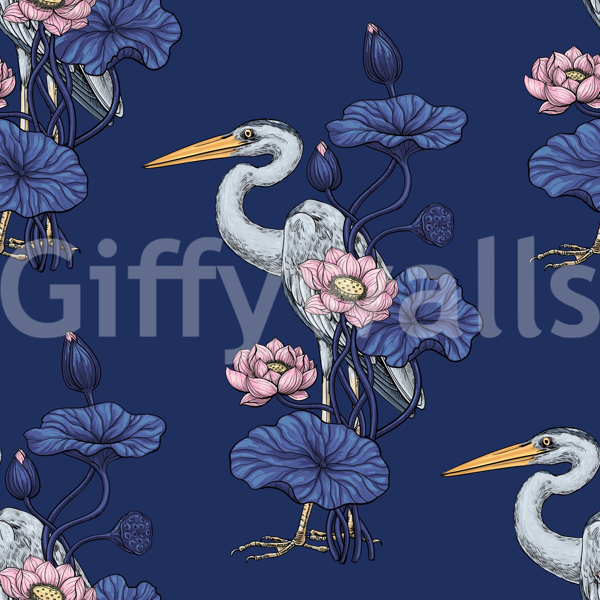 Heron in the Pink Lotus Garden on delpht blue Wallpaper⁠