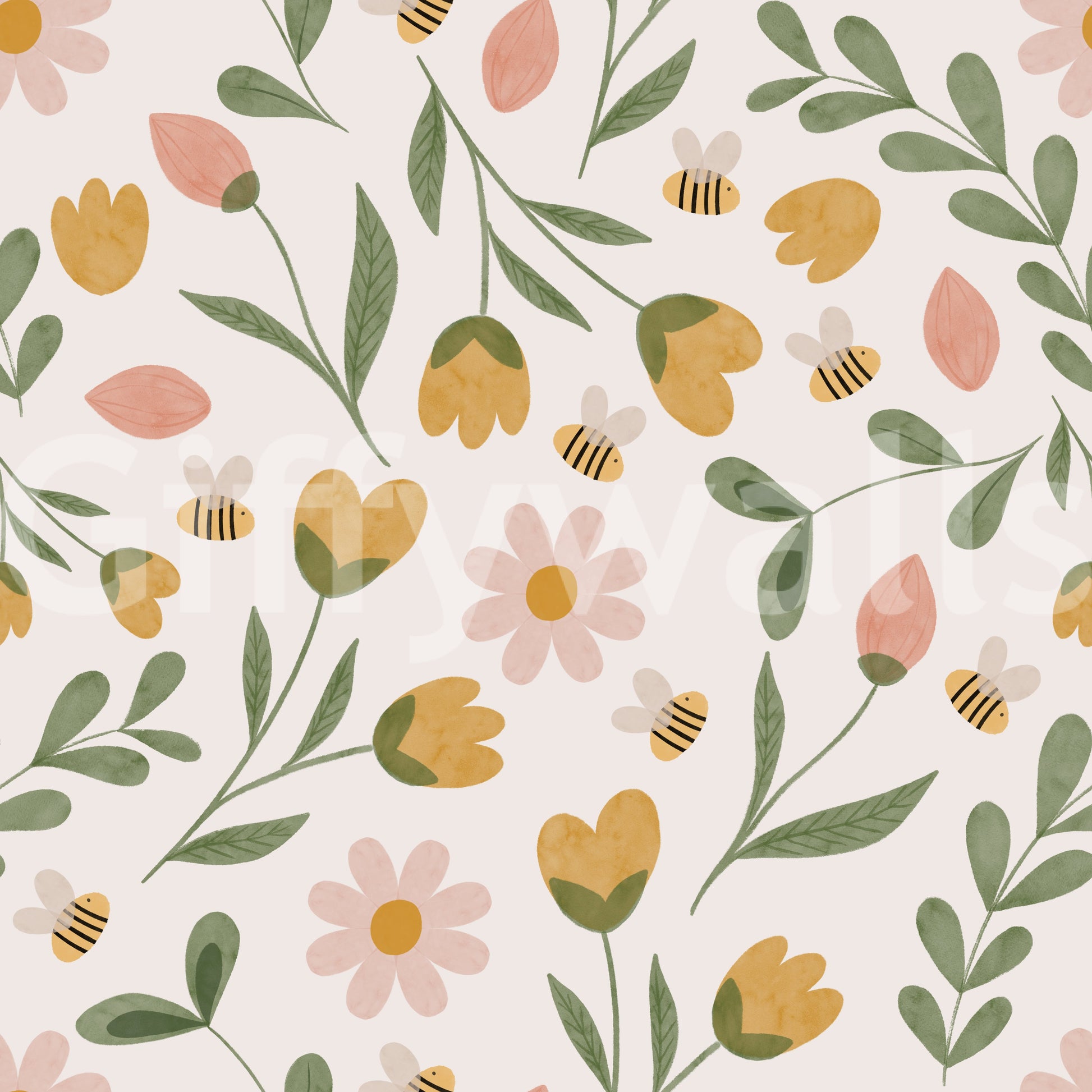 Whimsical Honeybee Meadow Pattern Wallpaper⁠