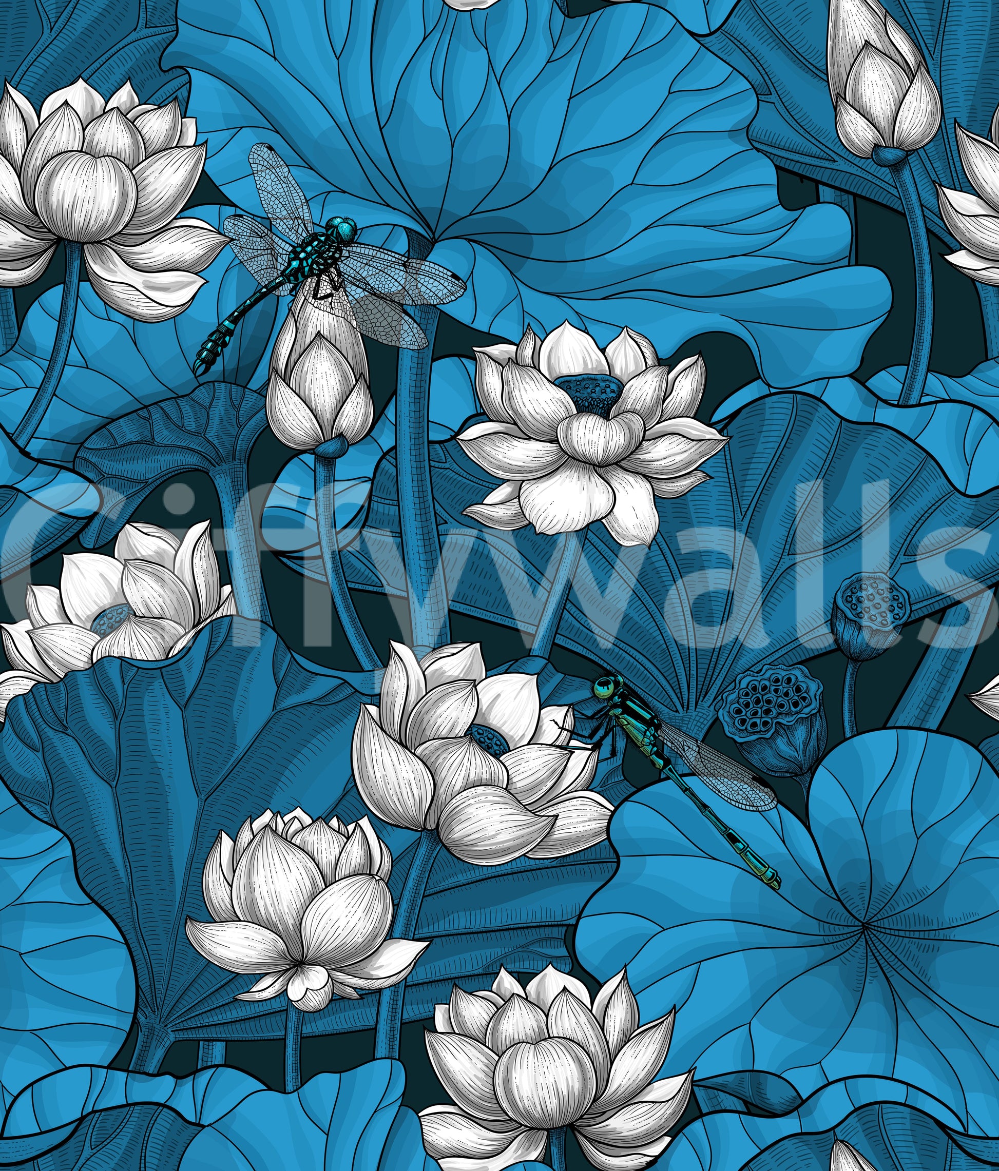 Zen Lotus Pond with Dragonflies in white and blue Wallpaper⁠
