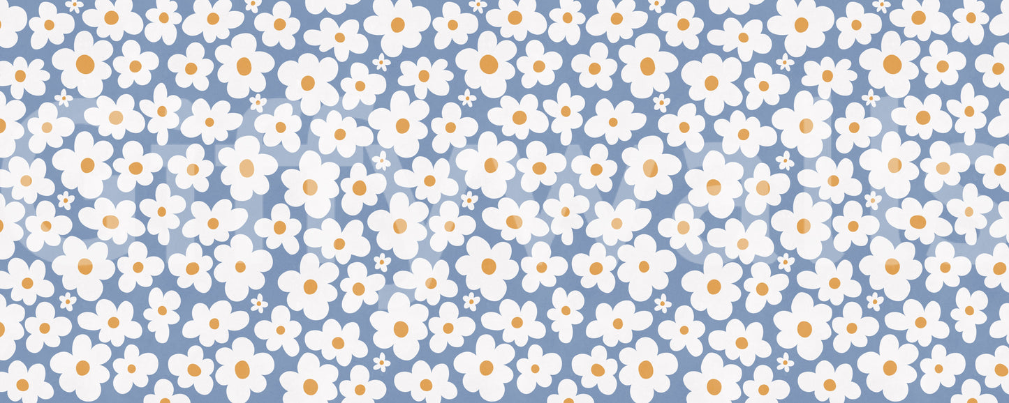 Retro Daisy Bloom Blue Wall Mural