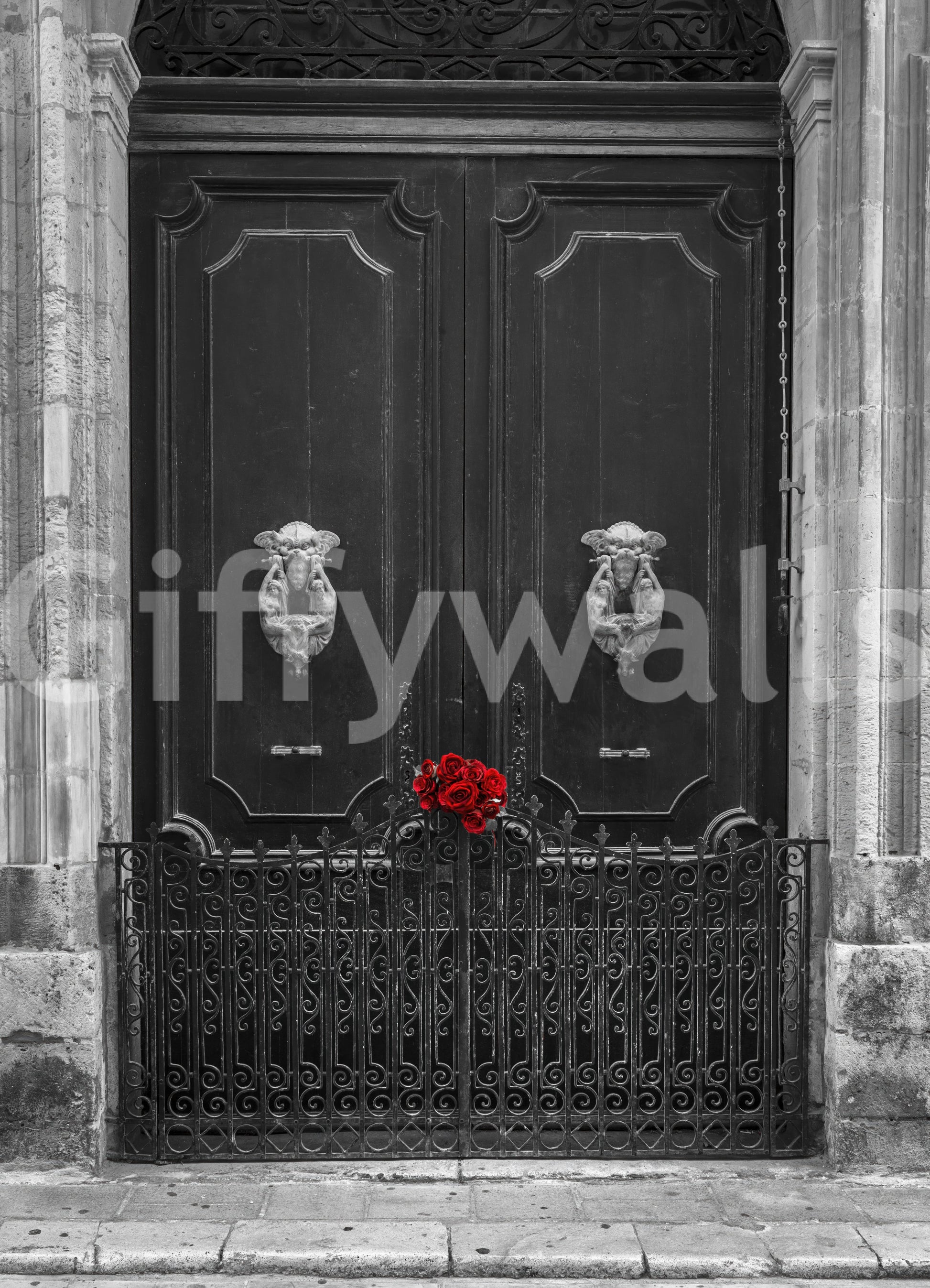Scarlet Roses on Antique Iron Gate Wall Mural