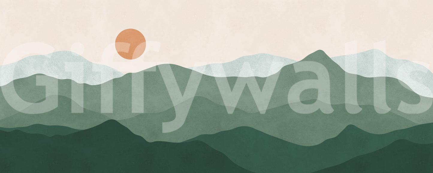 Minimalist Green Mountain Sunset Peaks Wall Mural