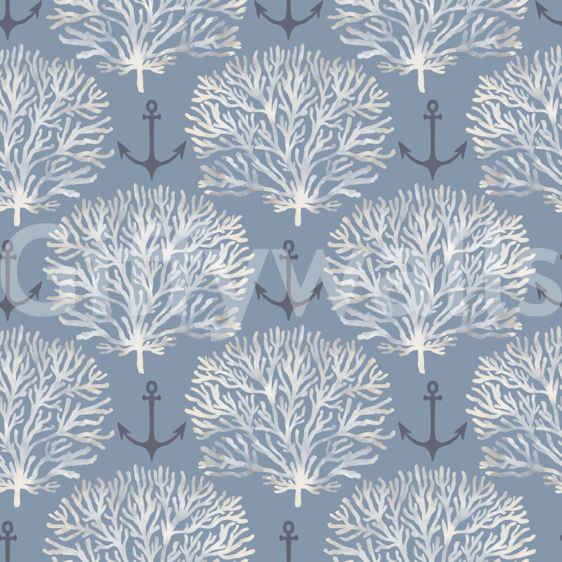 Coastal Marine Coral and Anchor Pattern Wallpaper⁠