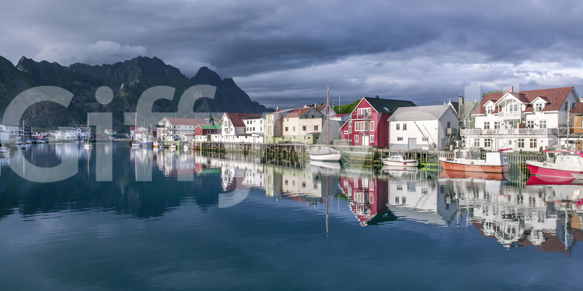 Nordic Mountain Village Waterfront Wall Mural