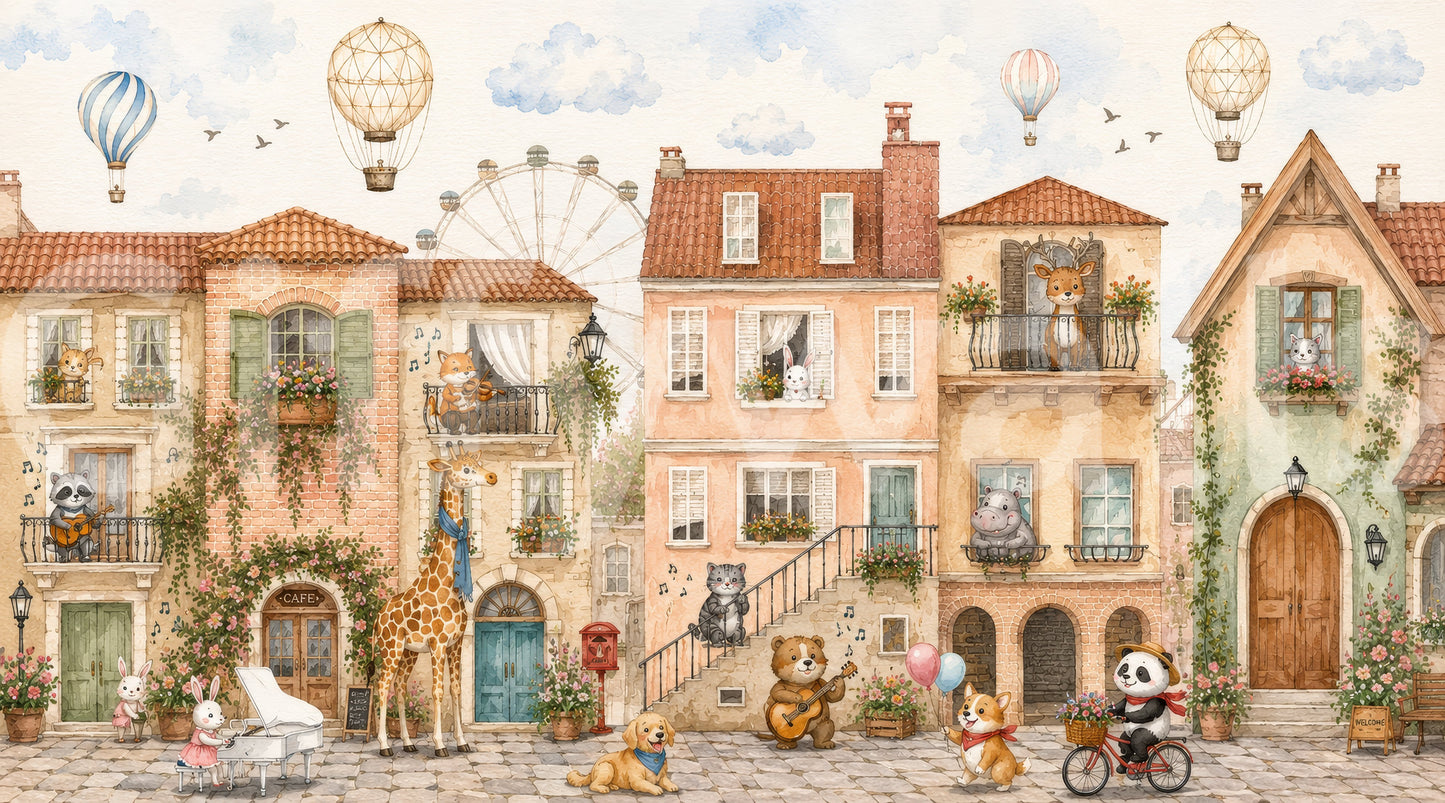 Charming Animal Town Scene Wall Mural