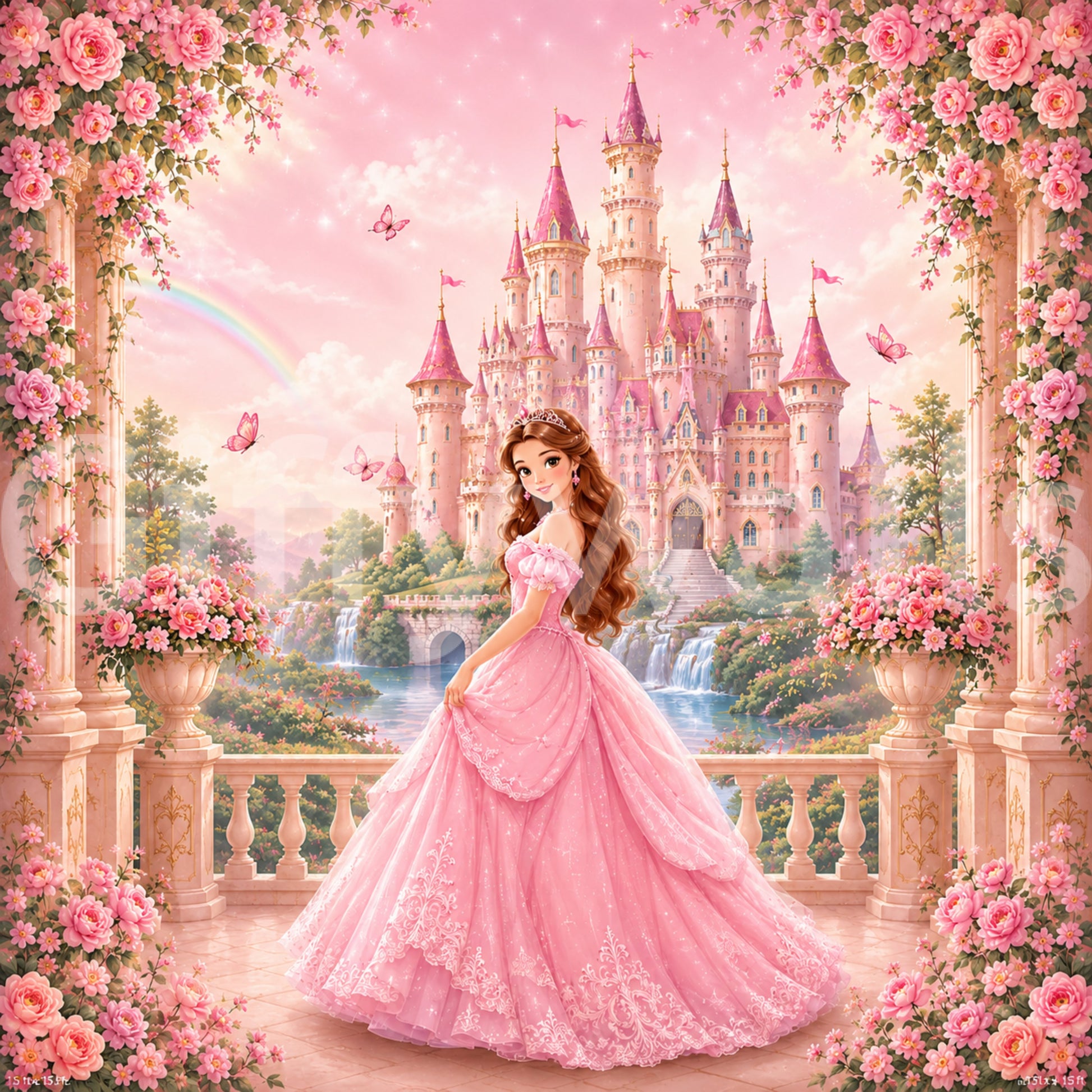 Pink Castle Princess Garden Scene Wall Mural