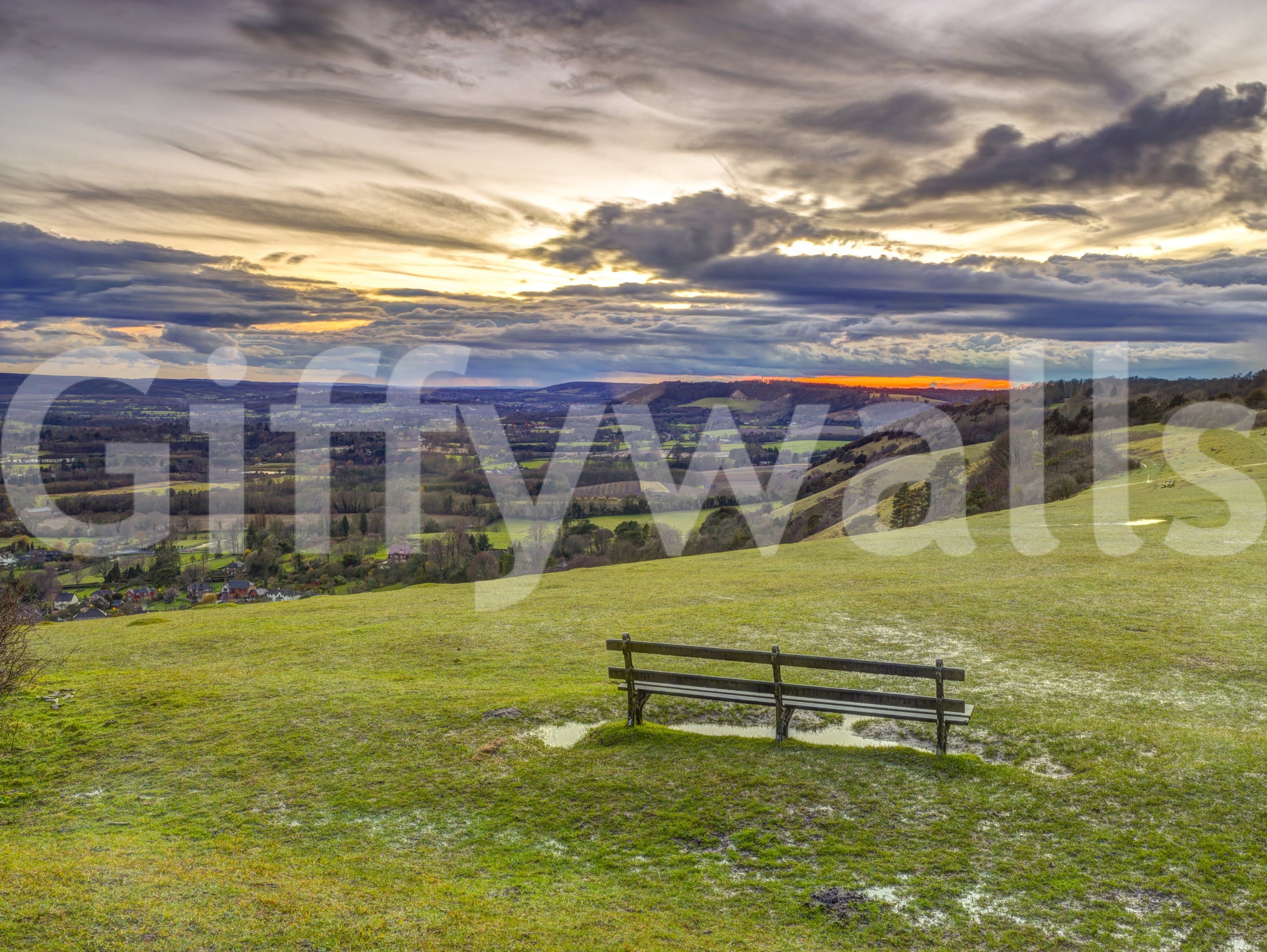 Golden Sunset Valley Bench Wall Mural