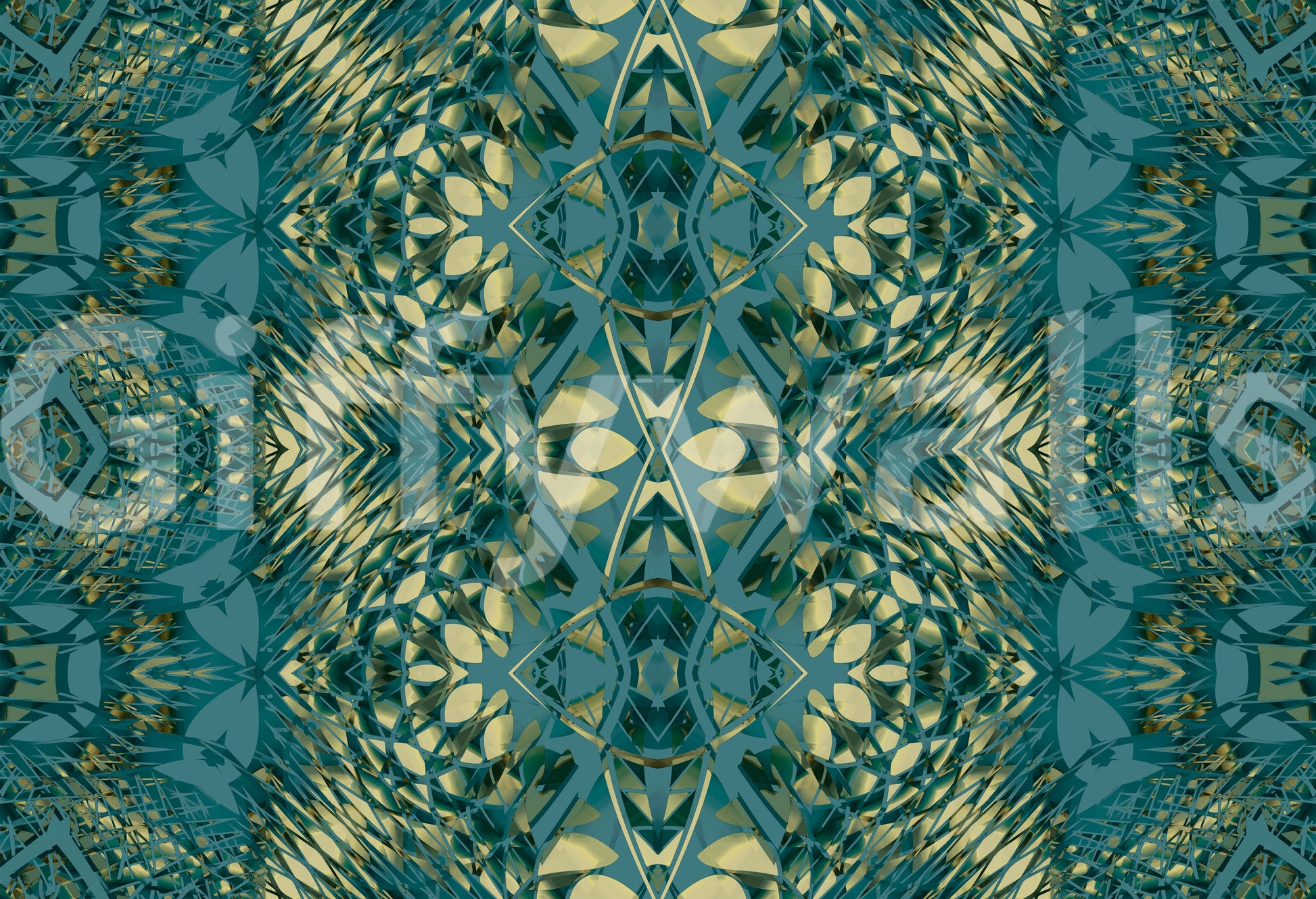 Abstract Ornamental Geometric Teal & Pale Yellow Lattice Wallpaper