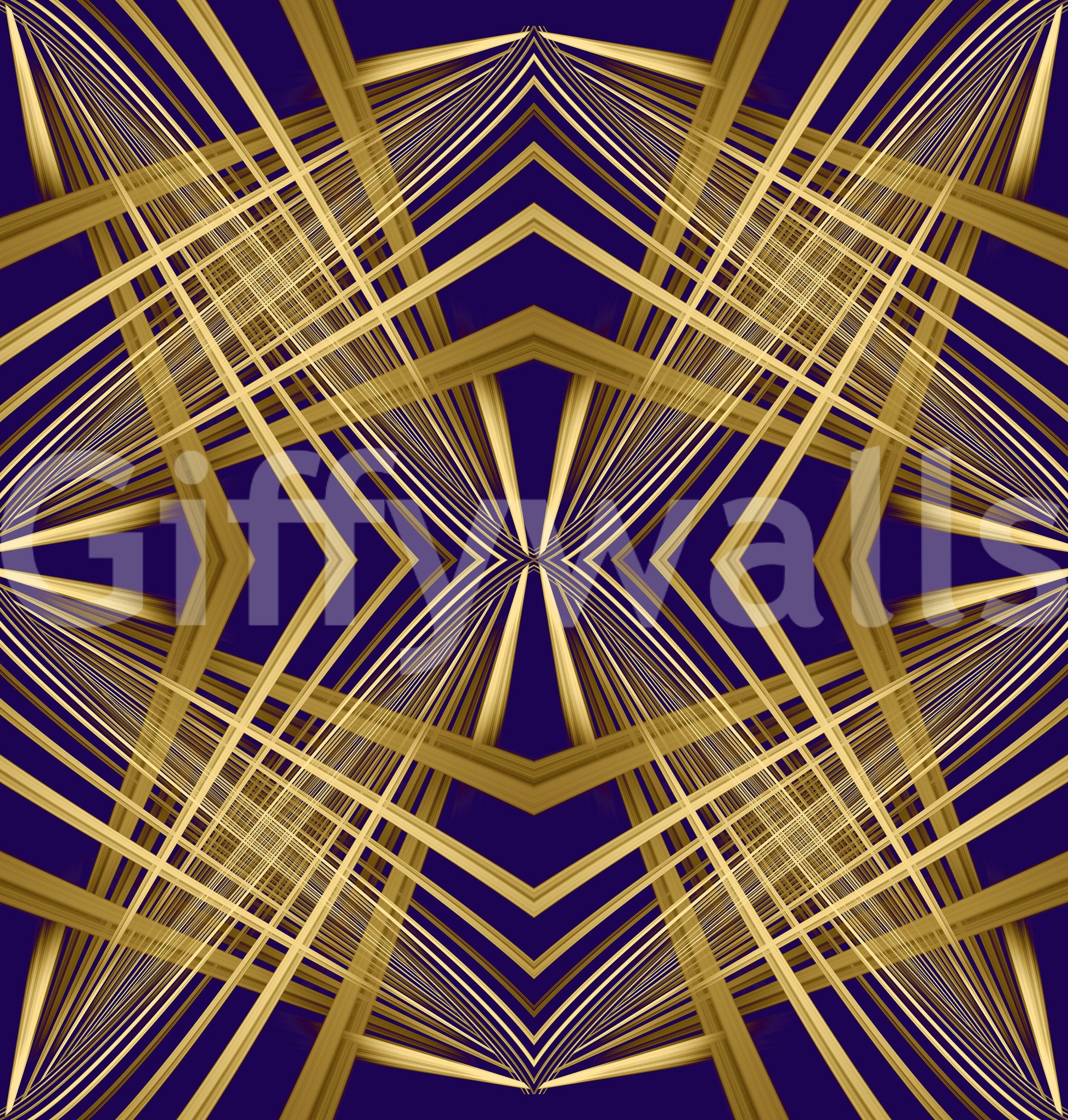 Indigo & Gold Geometric Art Deco Sunburst Laticce - OCTOBER Wallpaper