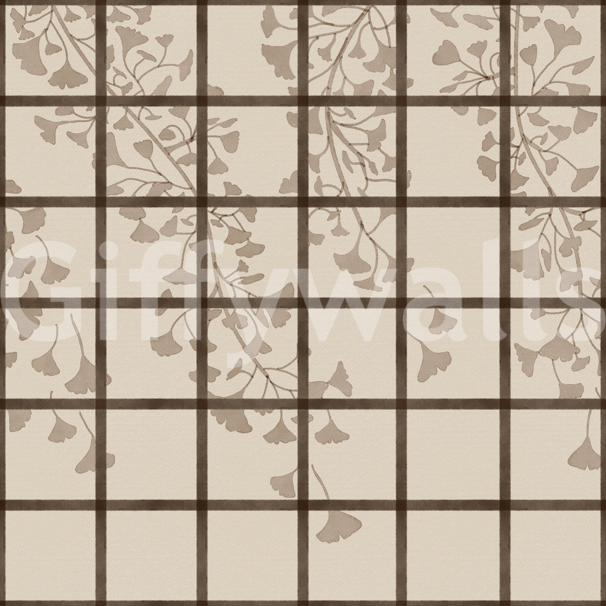 Ginkgo leaves behind a timber shoji screen wall mural in taupe and cream GD11495