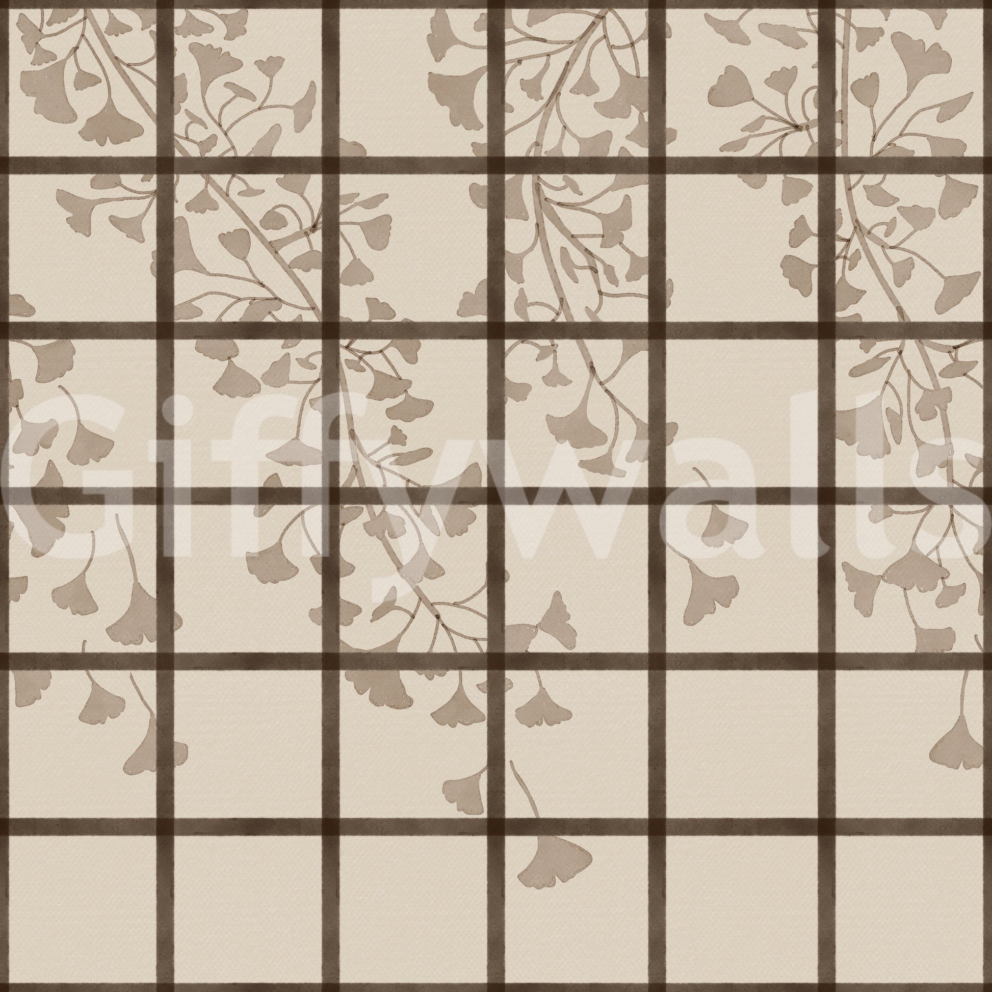 Ginkgo leaves behind a timber shoji screen wall mural in taupe and cream GD11495