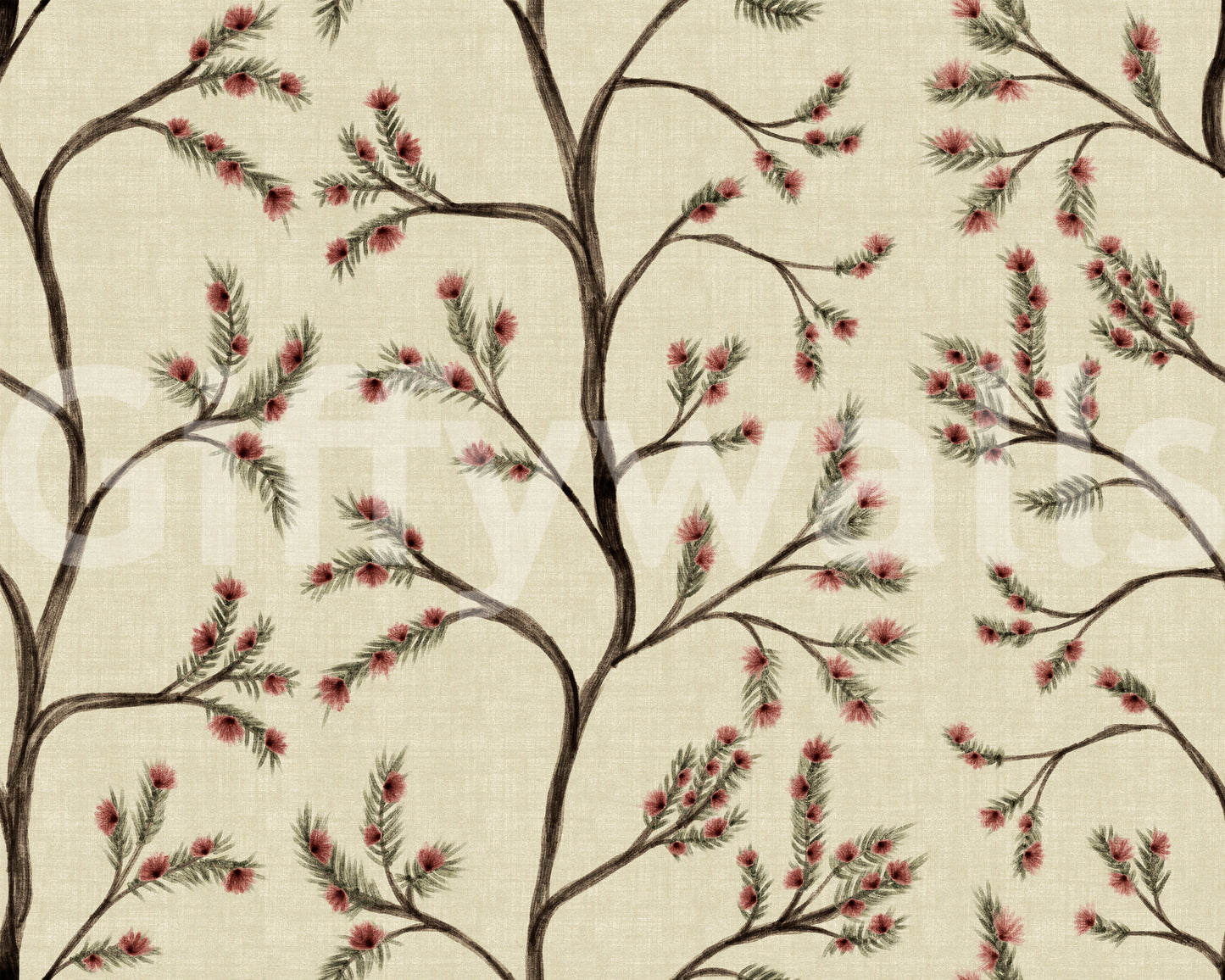 Asian Floral Branches on Antique Linen Wallpaper⁠